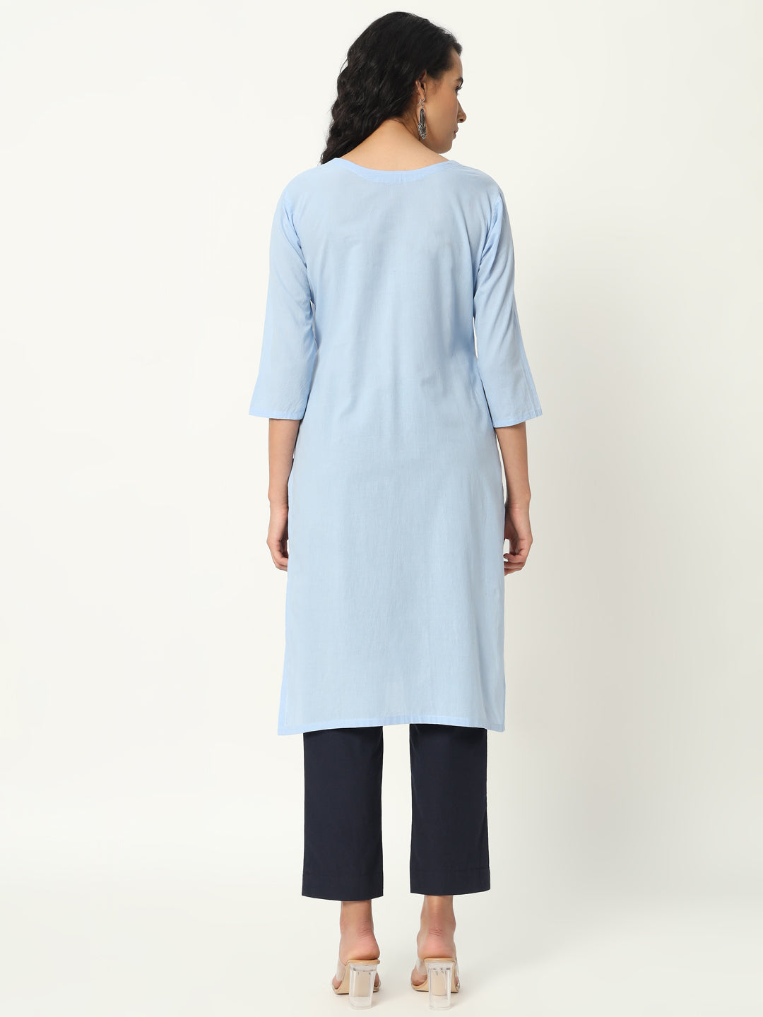 Chambray Blue Cotton Pintuck Long Kurta - SKYTICK