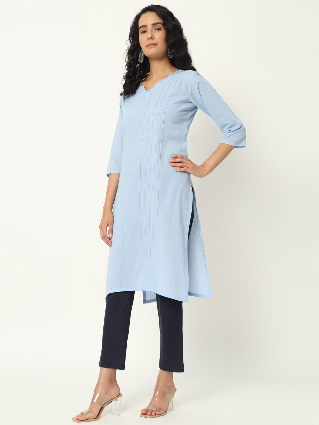 Chambray Blue Cotton Pintuck Long Kurta - SKYTICK