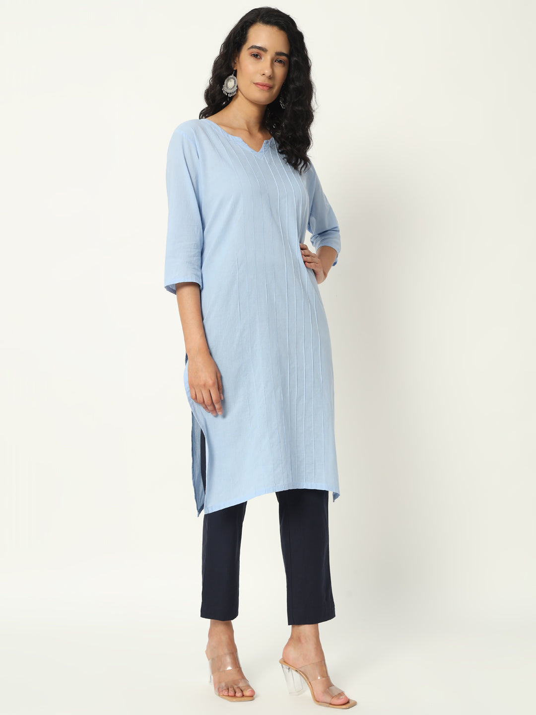 Chambray Blue Cotton Pintuck Long Kurta - SKYTICK