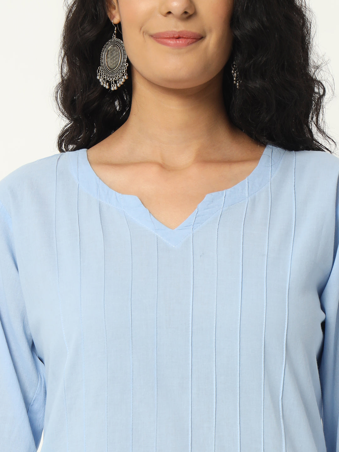 Chambray Blue Cotton Pintuck Long Kurta - SKYTICK