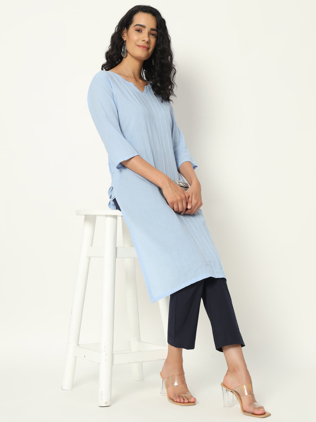 Chambray Blue Cotton Pintuck Long Kurta - SKYTICK