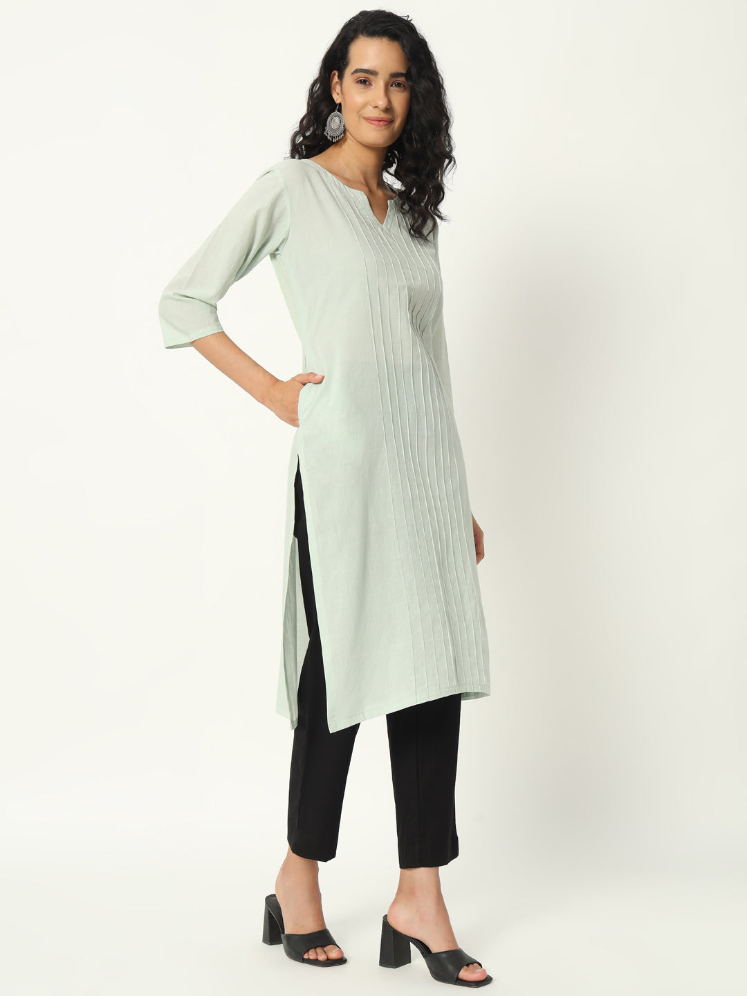 Mint Green Cotton Pintuck Long Kurta - SKYTICK