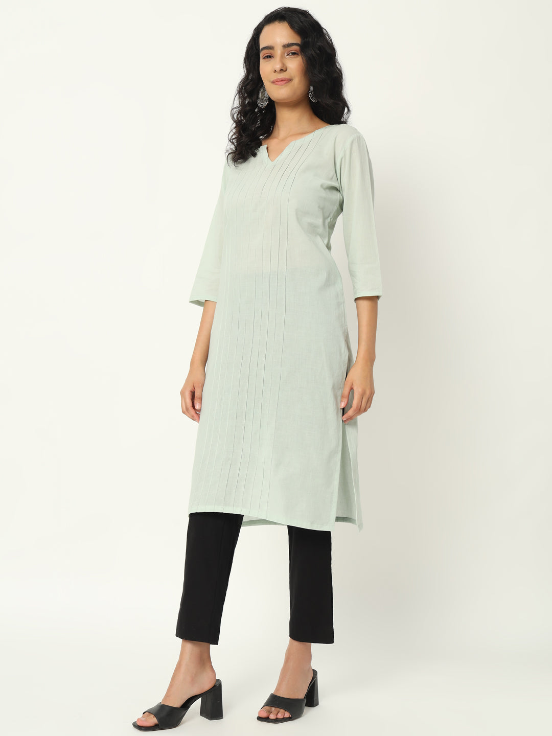 Mint Green Cotton Pintuck Long Kurta - SKYTICK