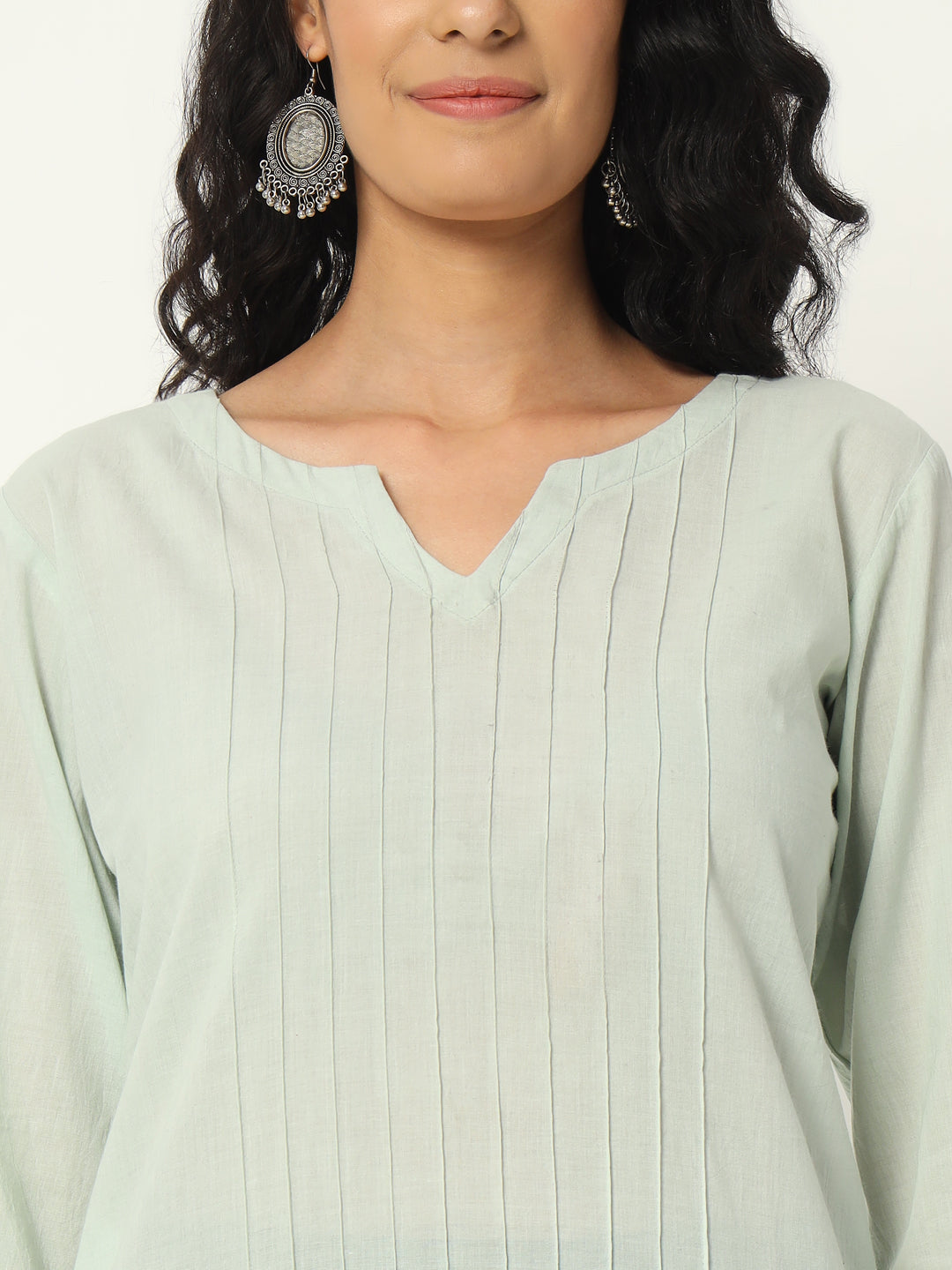 Mint Green Cotton Pintuck Long Kurta - SKYTICK