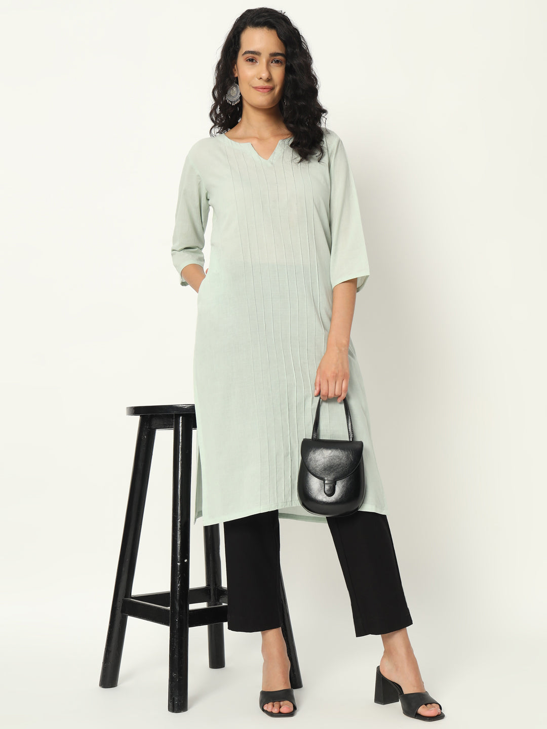 Mint Green Cotton Pintuck Long Kurta - SKYTICK