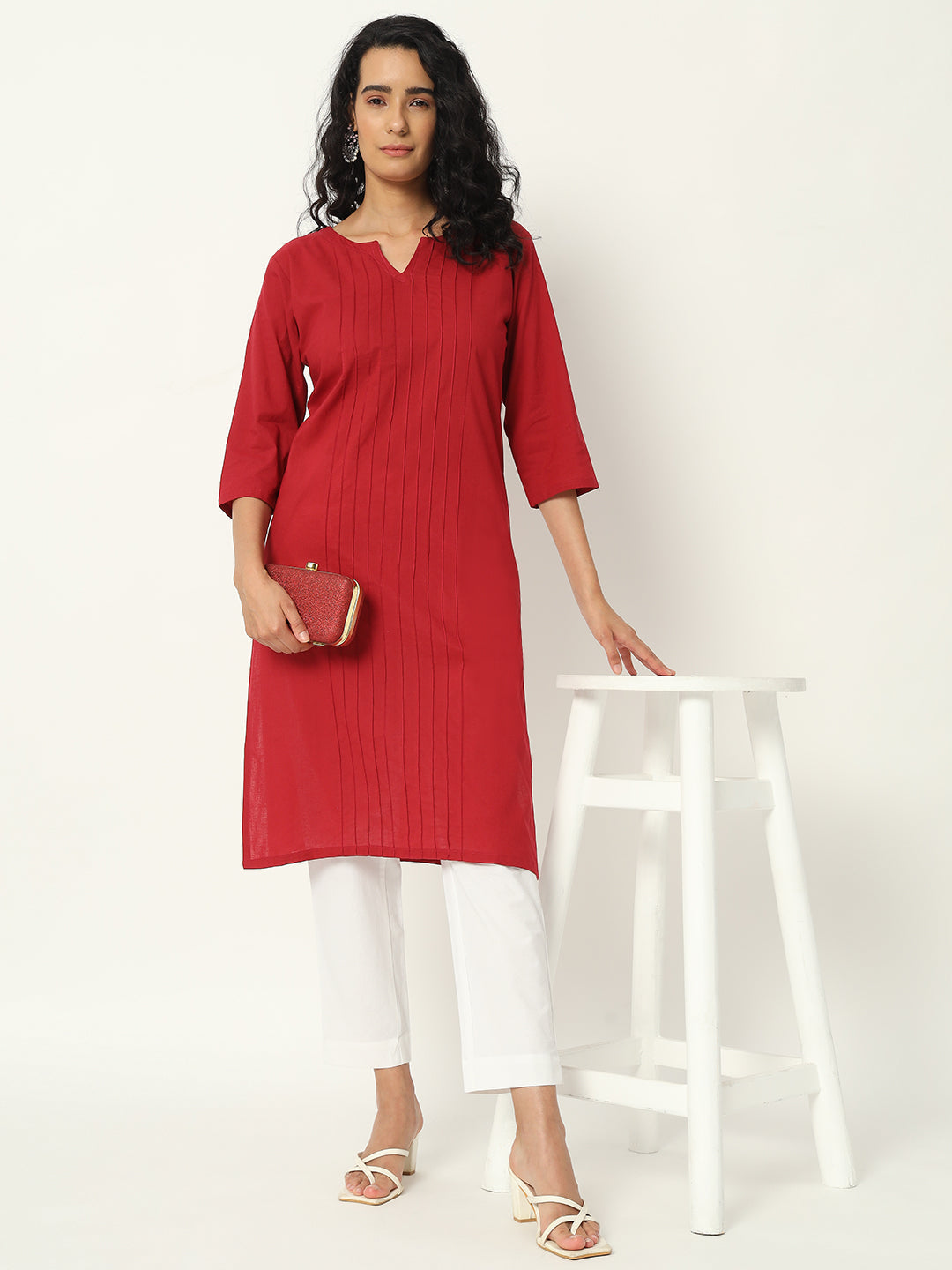 Respberry Cotton Pintuck Long Kurta - SKYTICK
