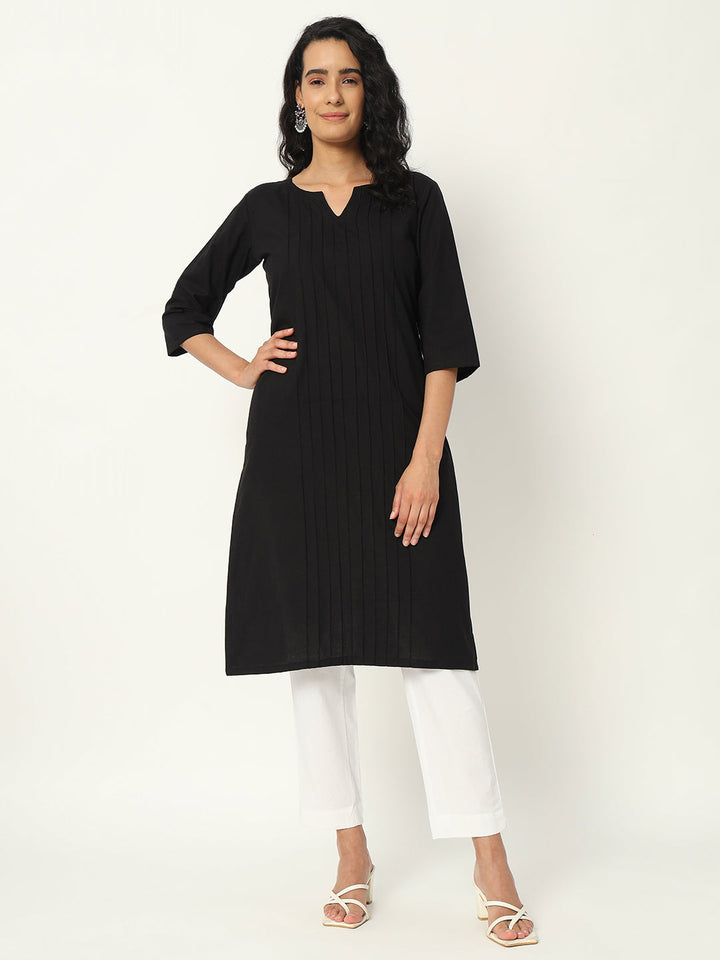 Black Cotton Pintuck Long Kurta - SKYTICK