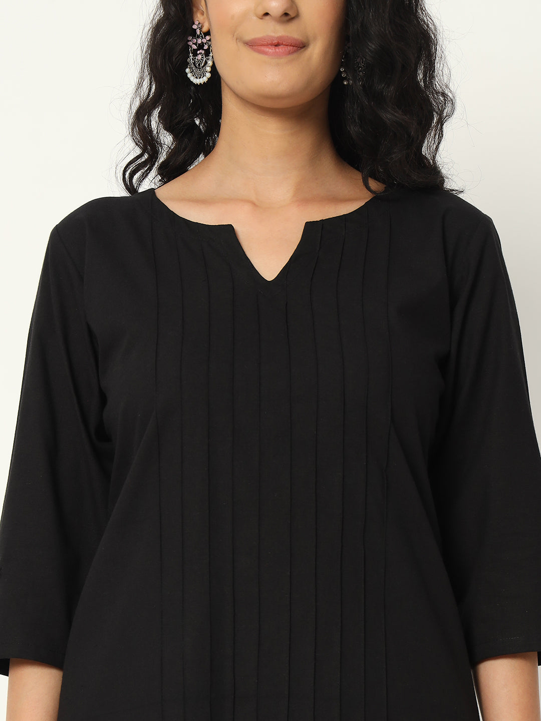 Black Cotton Pintuck Long Kurta - SKYTICK