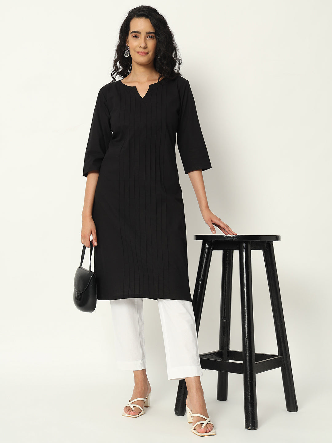 Black Cotton Pintuck Long Kurta - SKYTICK