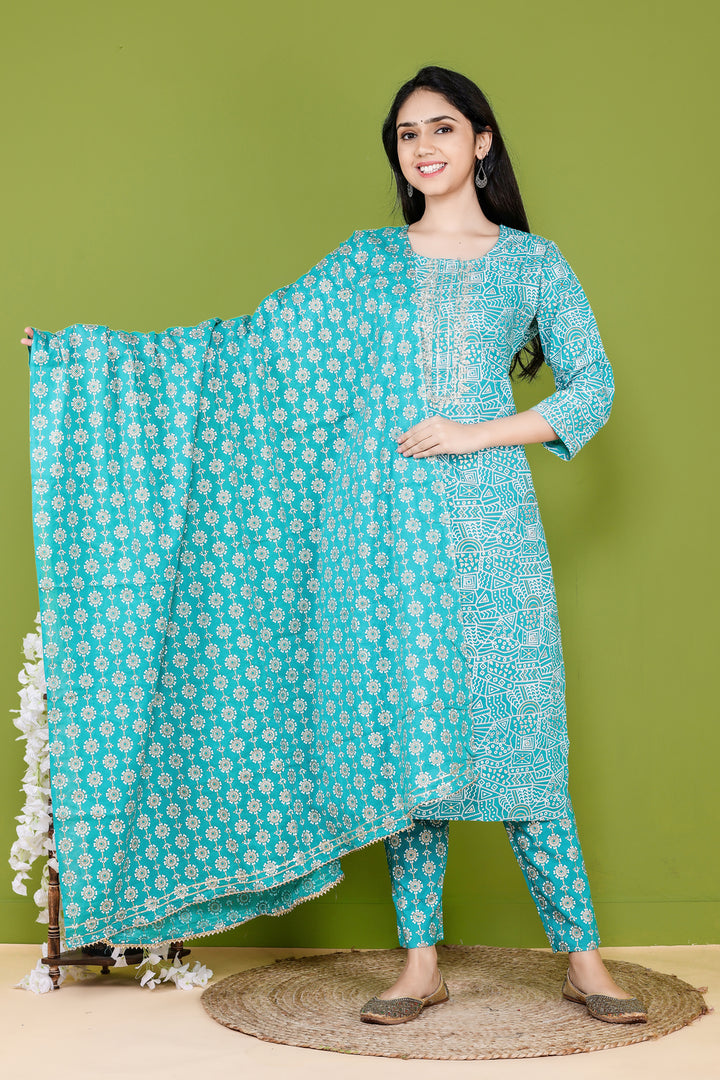 Rama Barik Print Pittan Work Dupatta Set Price