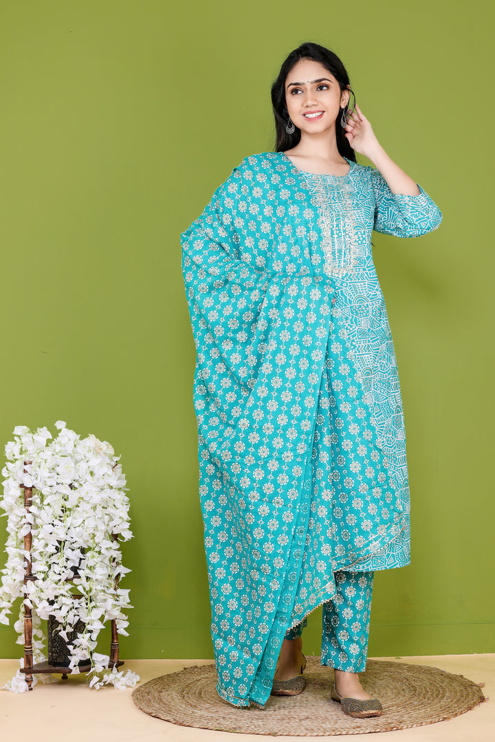 Rama Barik Print Mirror Yoke Dupatta Set