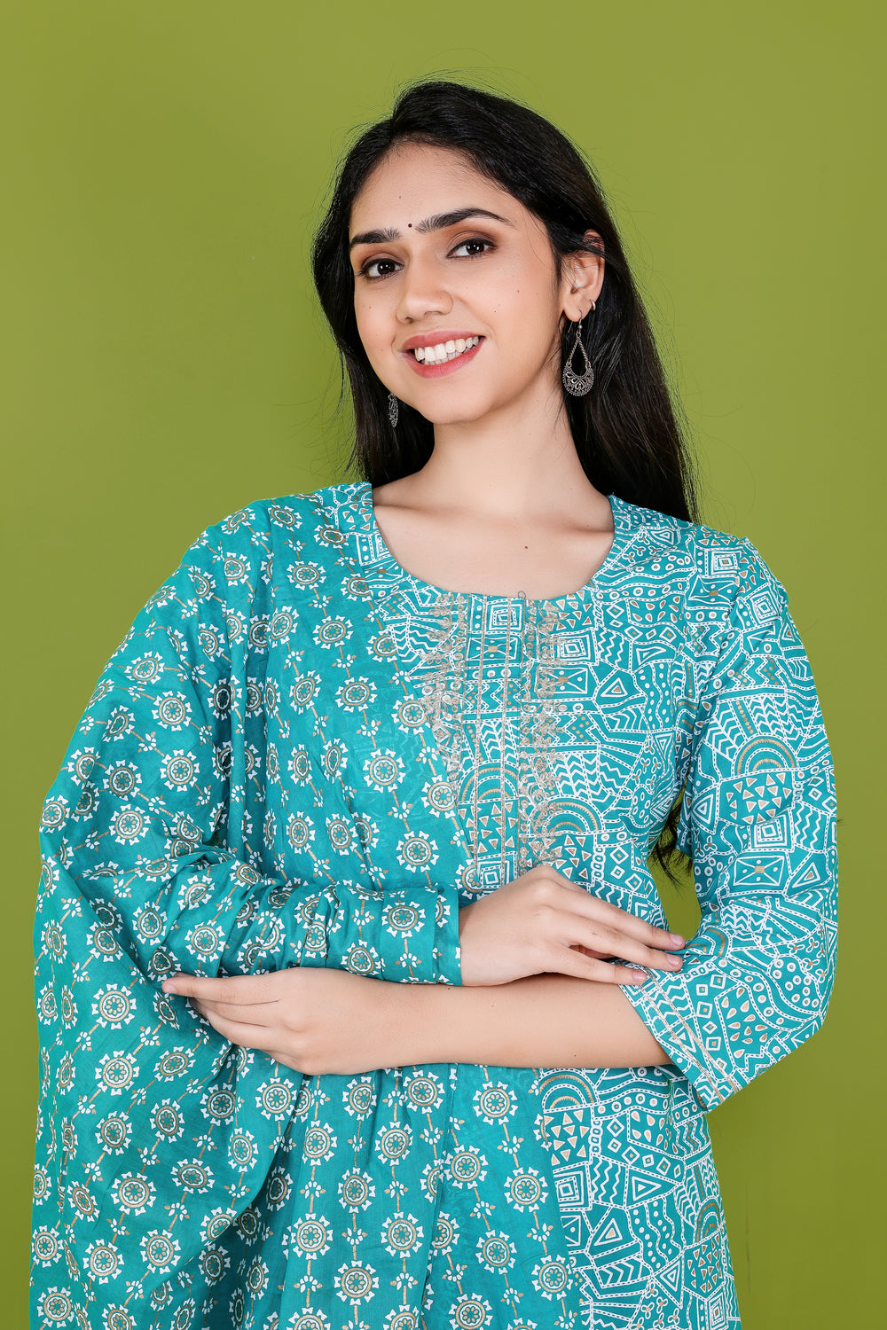 Rama Barik Print Mirror Yoke Dupatta Set