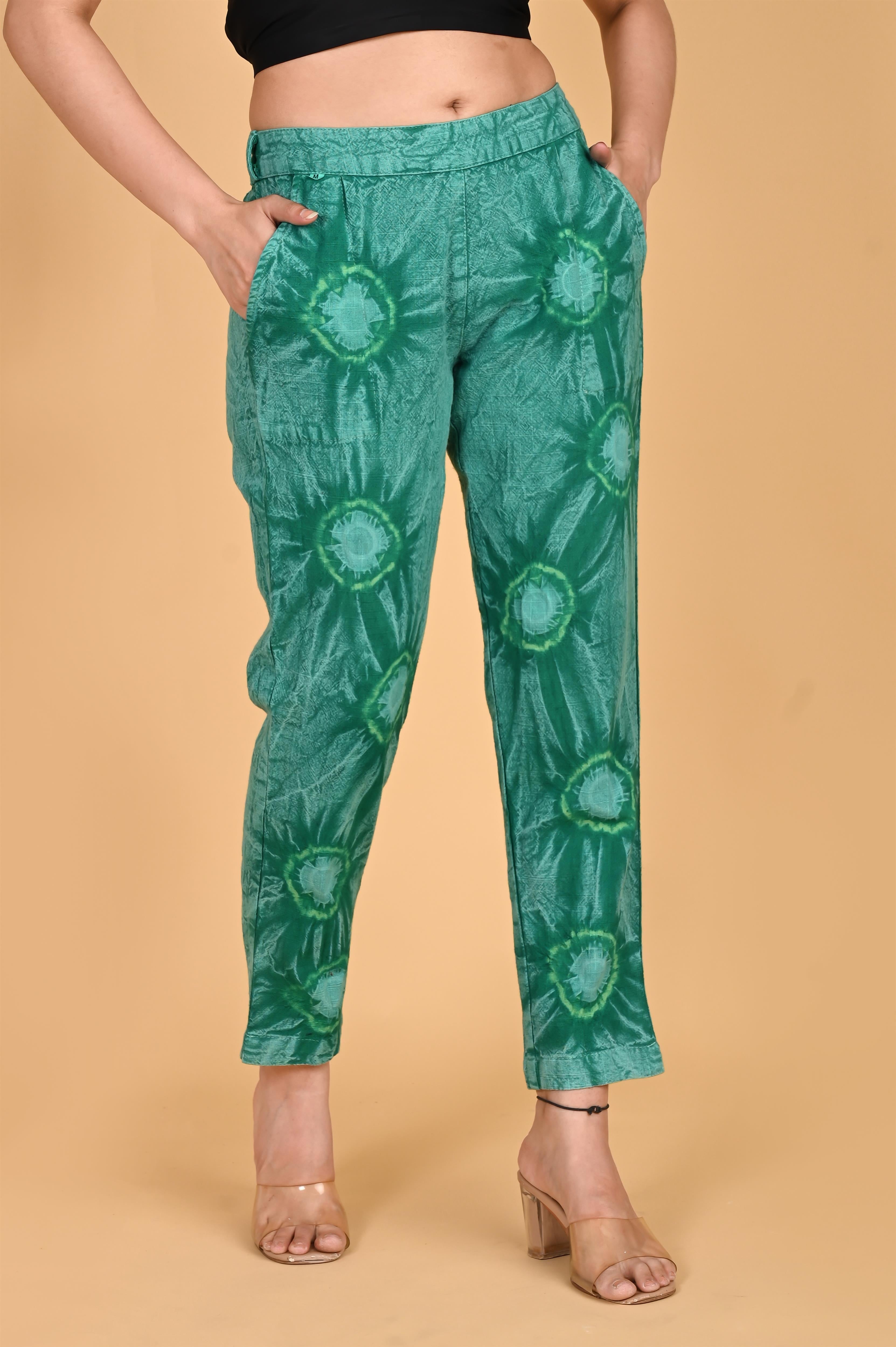 BOTTLE GREEN BANDHEJ COTTON PANTS - SKYTICK