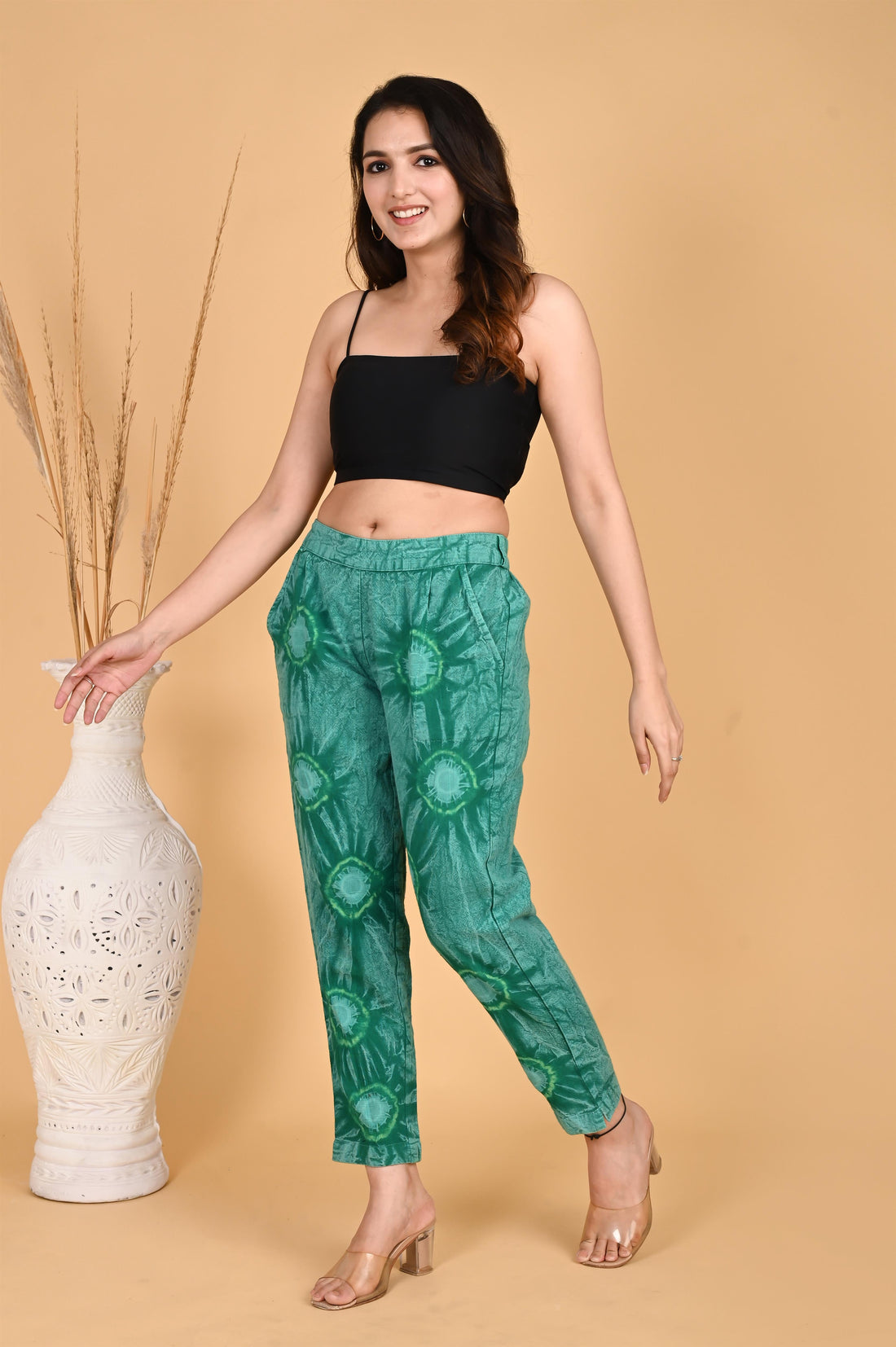 BOTTLE GREEN BANDHEJ COTTON PANTS - SKYTICK
