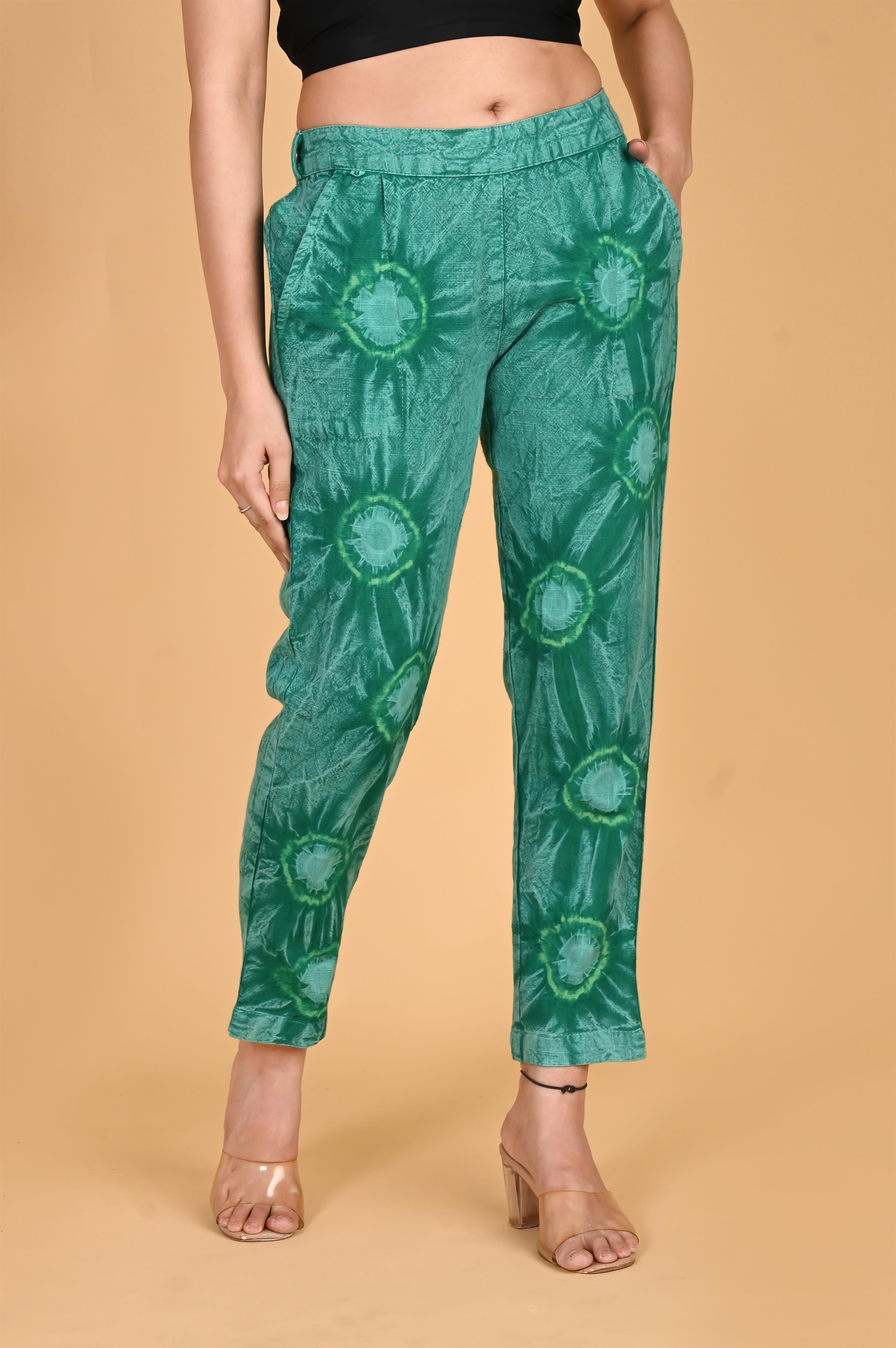 BOTTLE GREEN BANDHEJ COTTON PANTS - SKYTICK