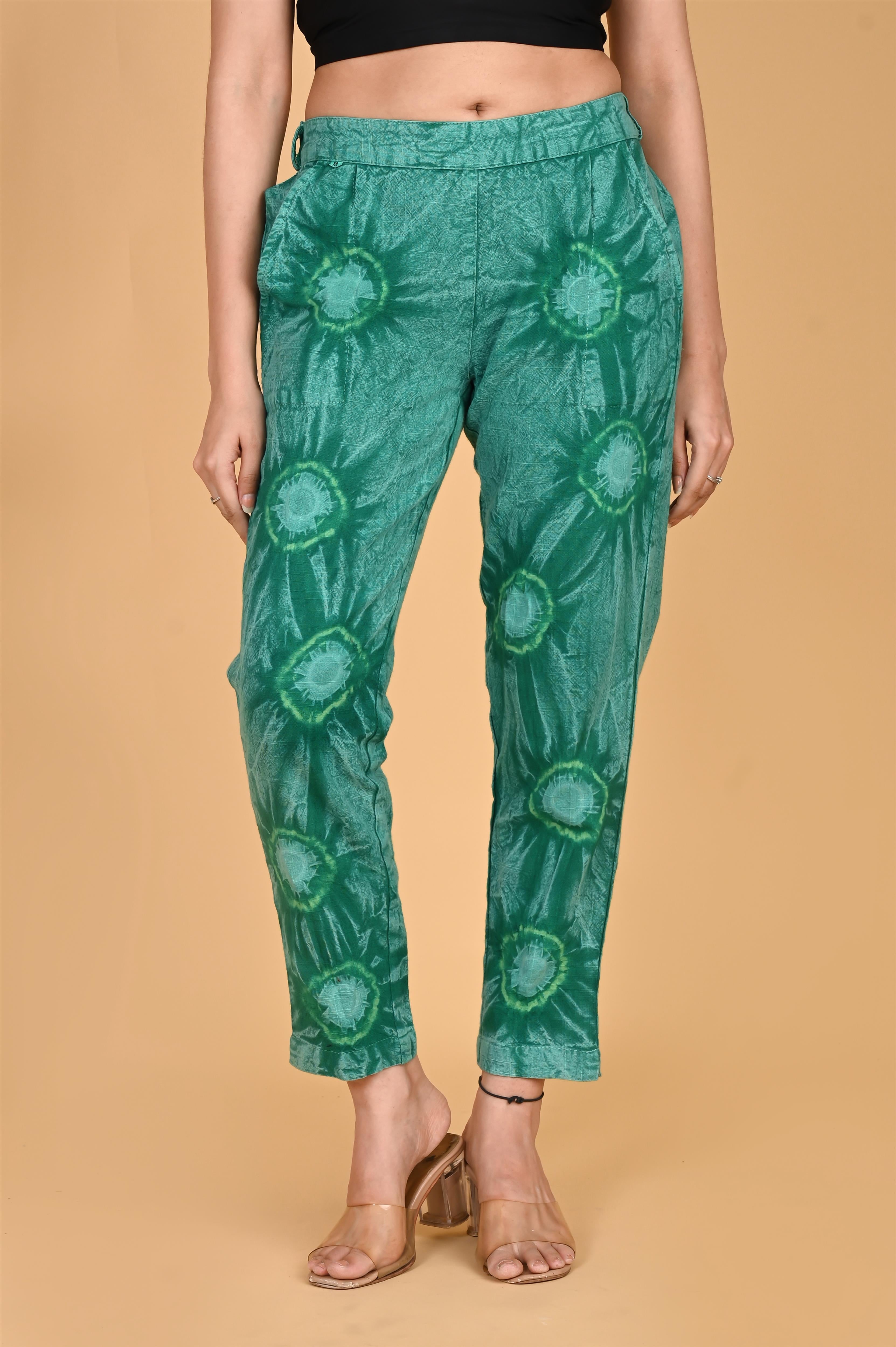 BOTTLE GREEN BANDHEJ COTTON PANTS - SKYTICK