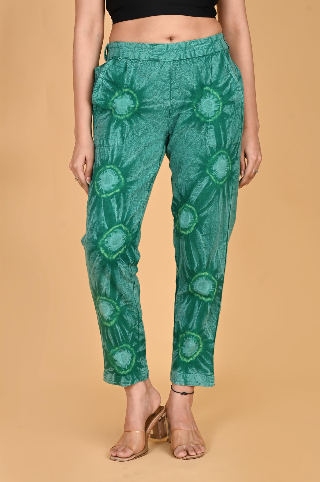 BOTTLE GREEN BANDHEJ COTTON PANTS - SKYTICK