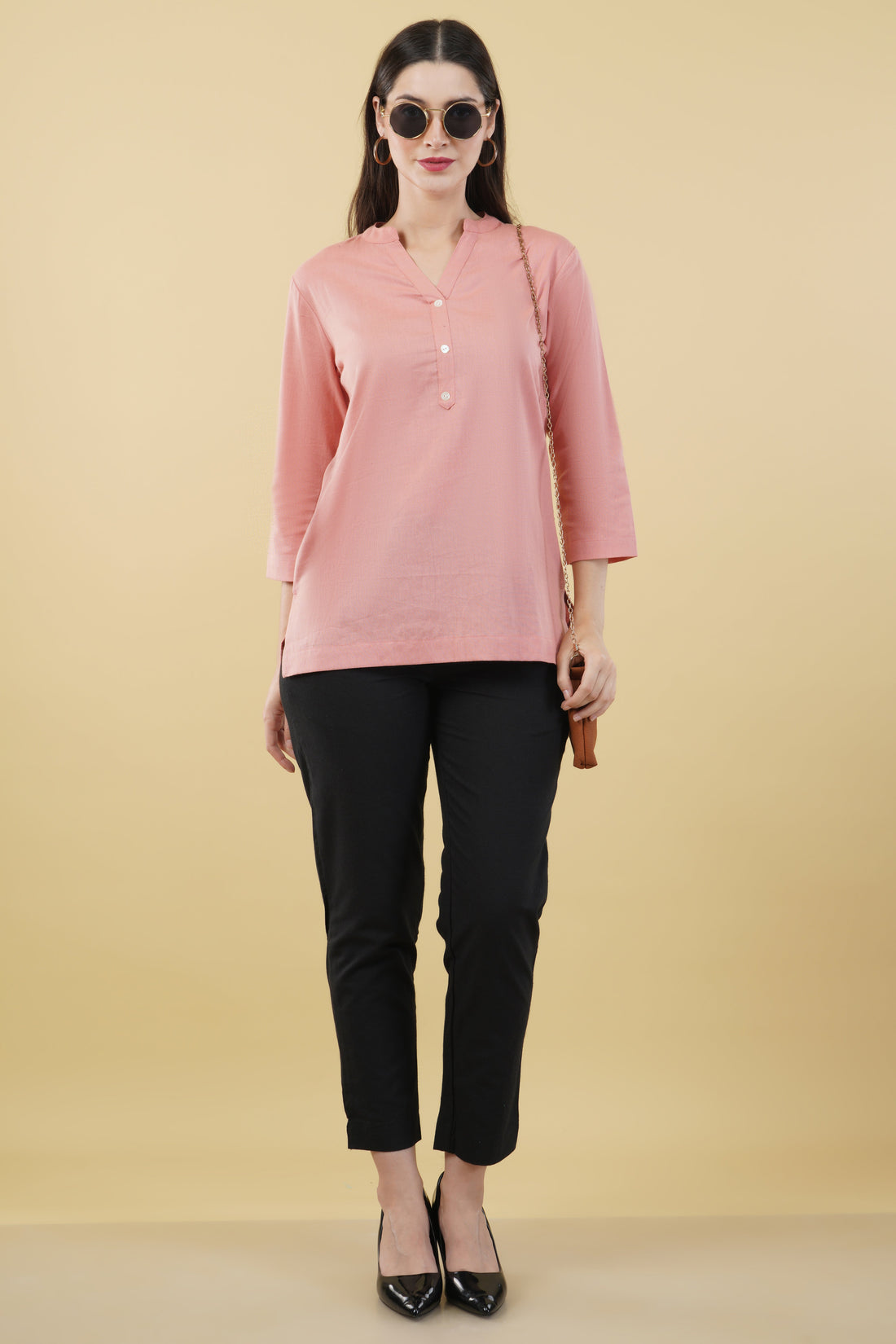 PEACH LINEN SHORT KURTA - SKYTICK