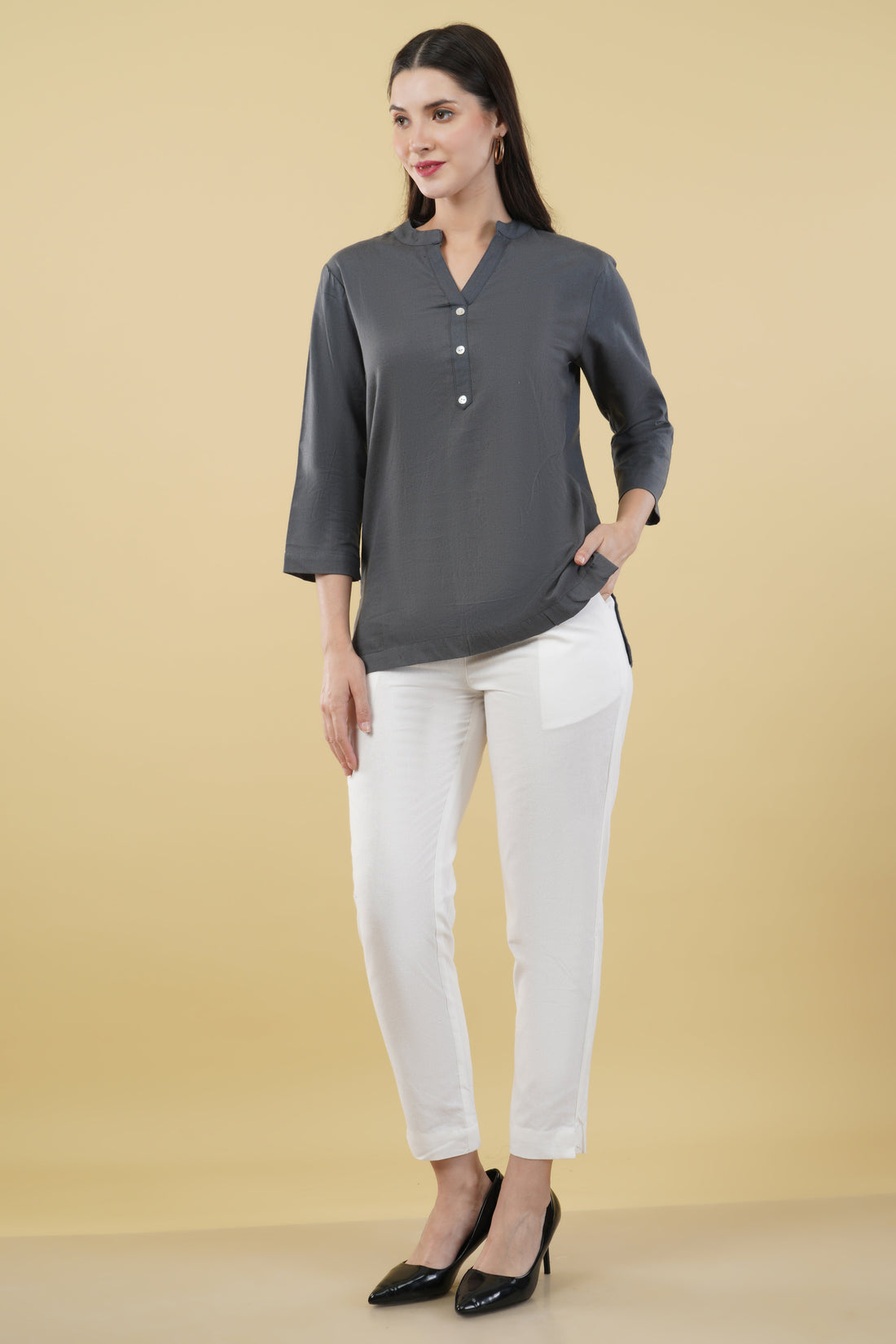 SLATE GREY LINEN SHORT KURTA - SKYTICK