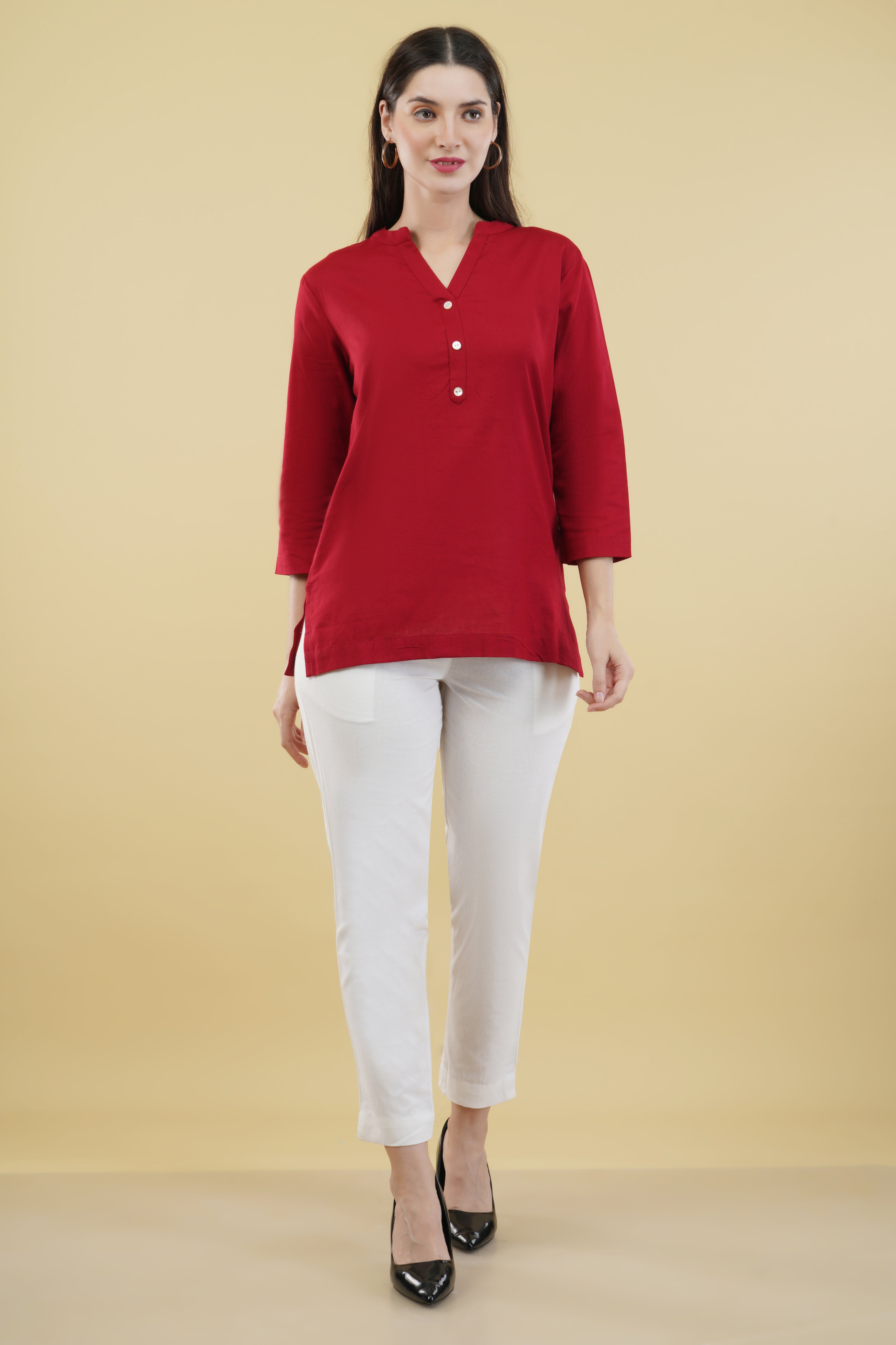 MAROON LINEN SHORT KURTA - SKYTICK