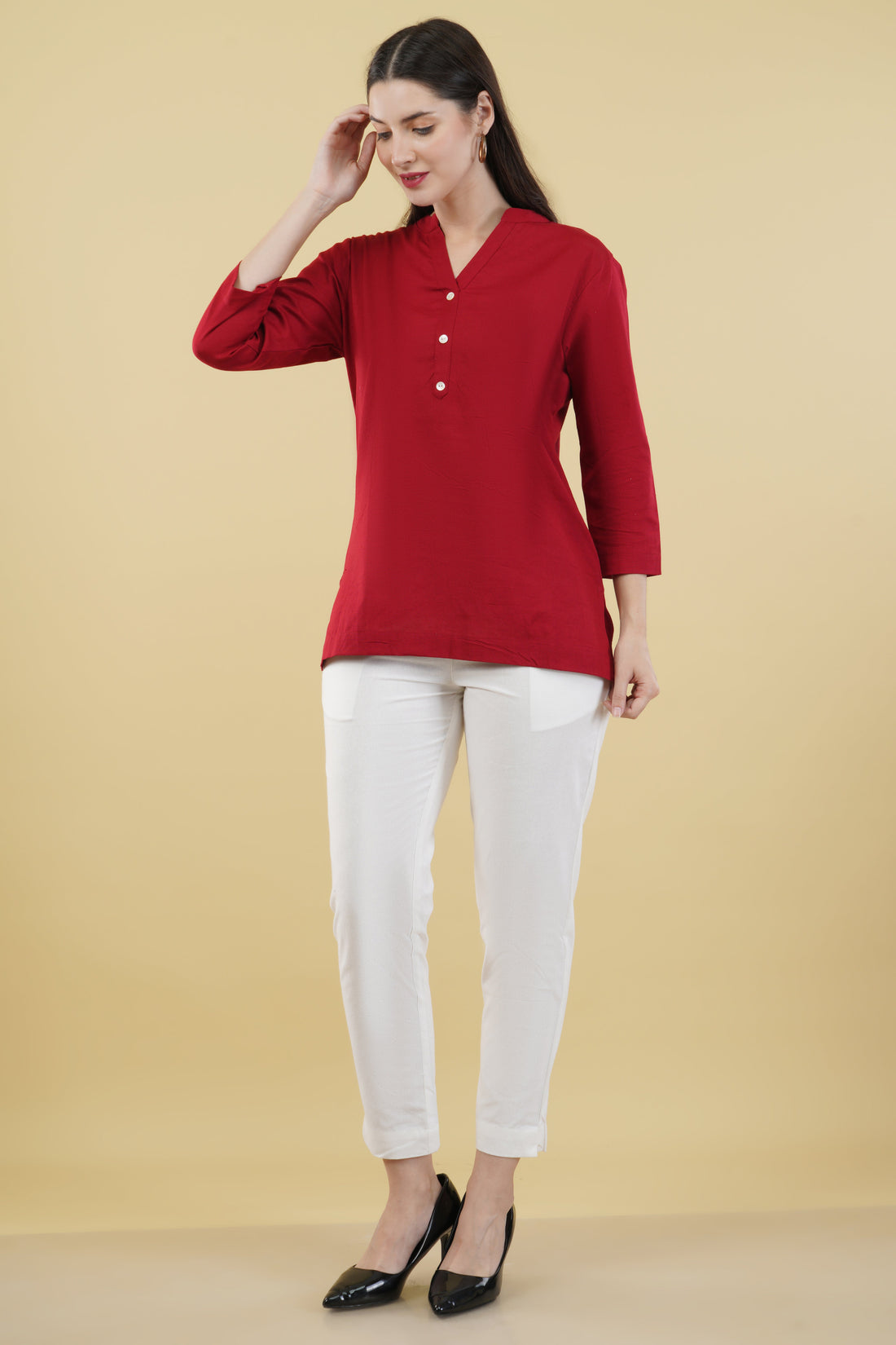 MAROON LINEN SHORT KURTA - SKYTICK