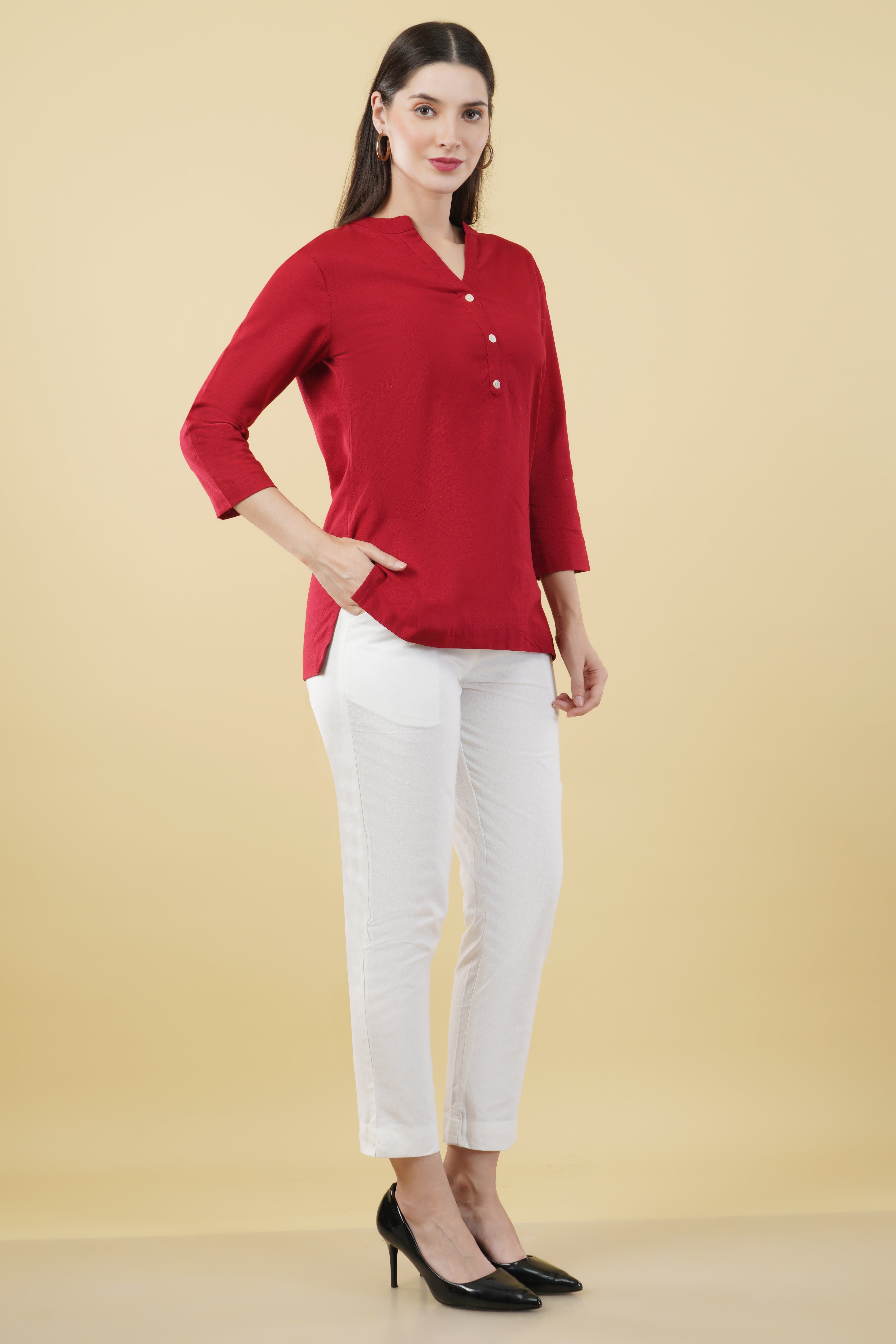 MAROON LINEN SHORT KURTA - SKYTICK