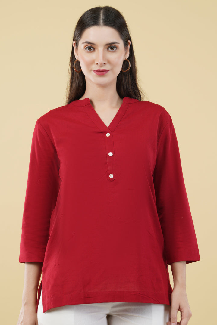 MAROON LINEN SHORT KURTA - SKYTICK