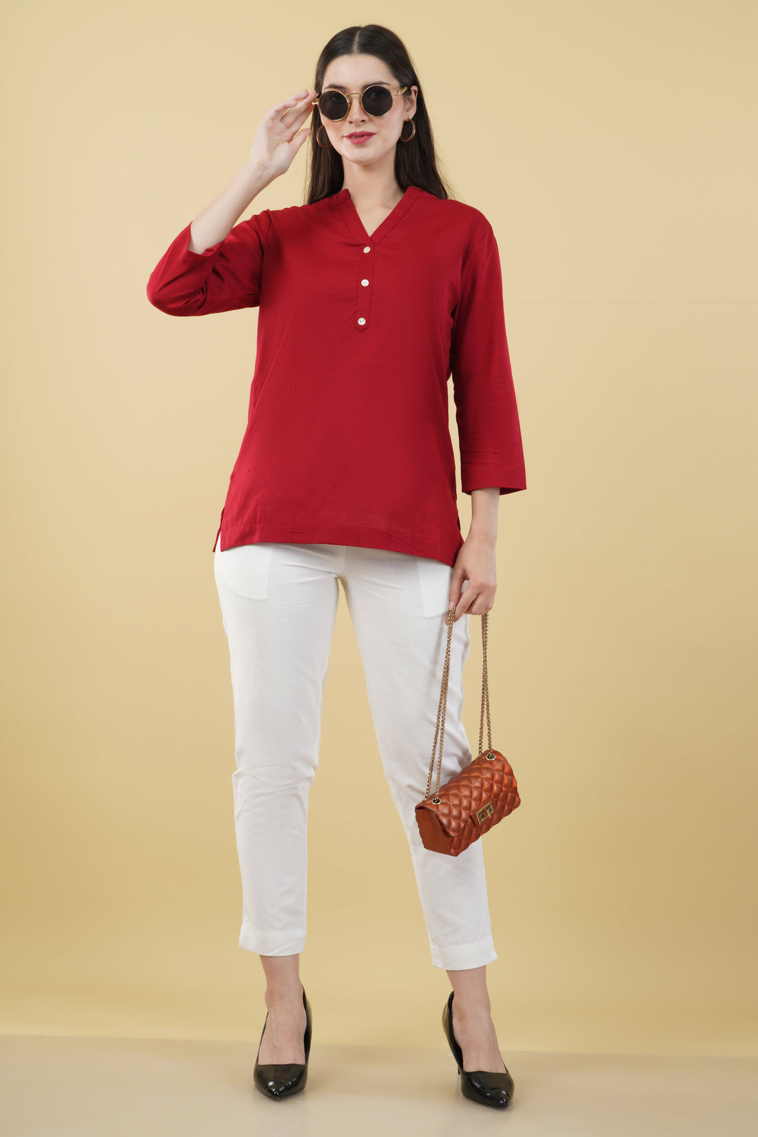 MAROON LINEN SHORT KURTA - SKYTICK