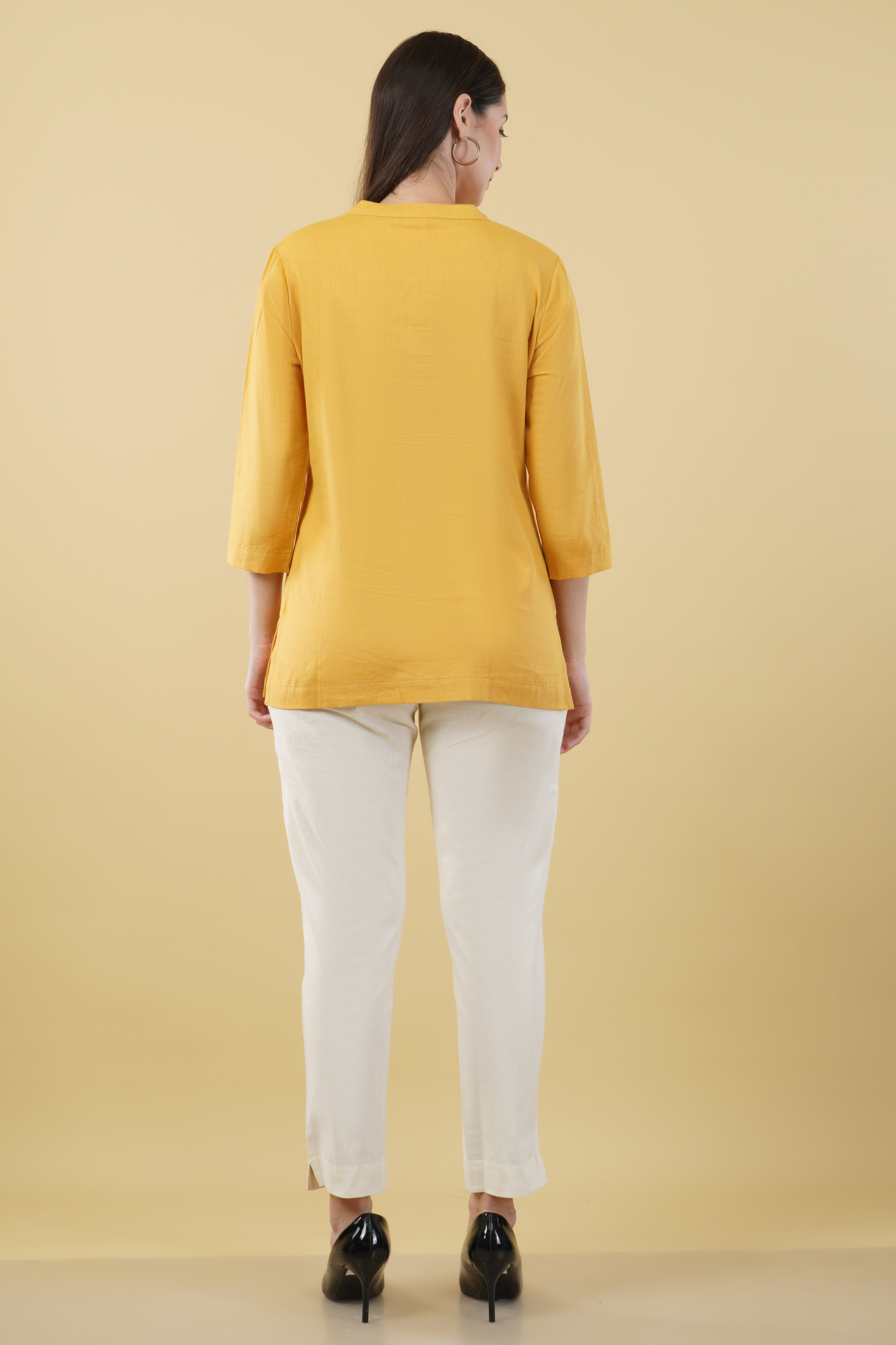 MUSTARD LINEN SHORT KURTA - SKYTICK