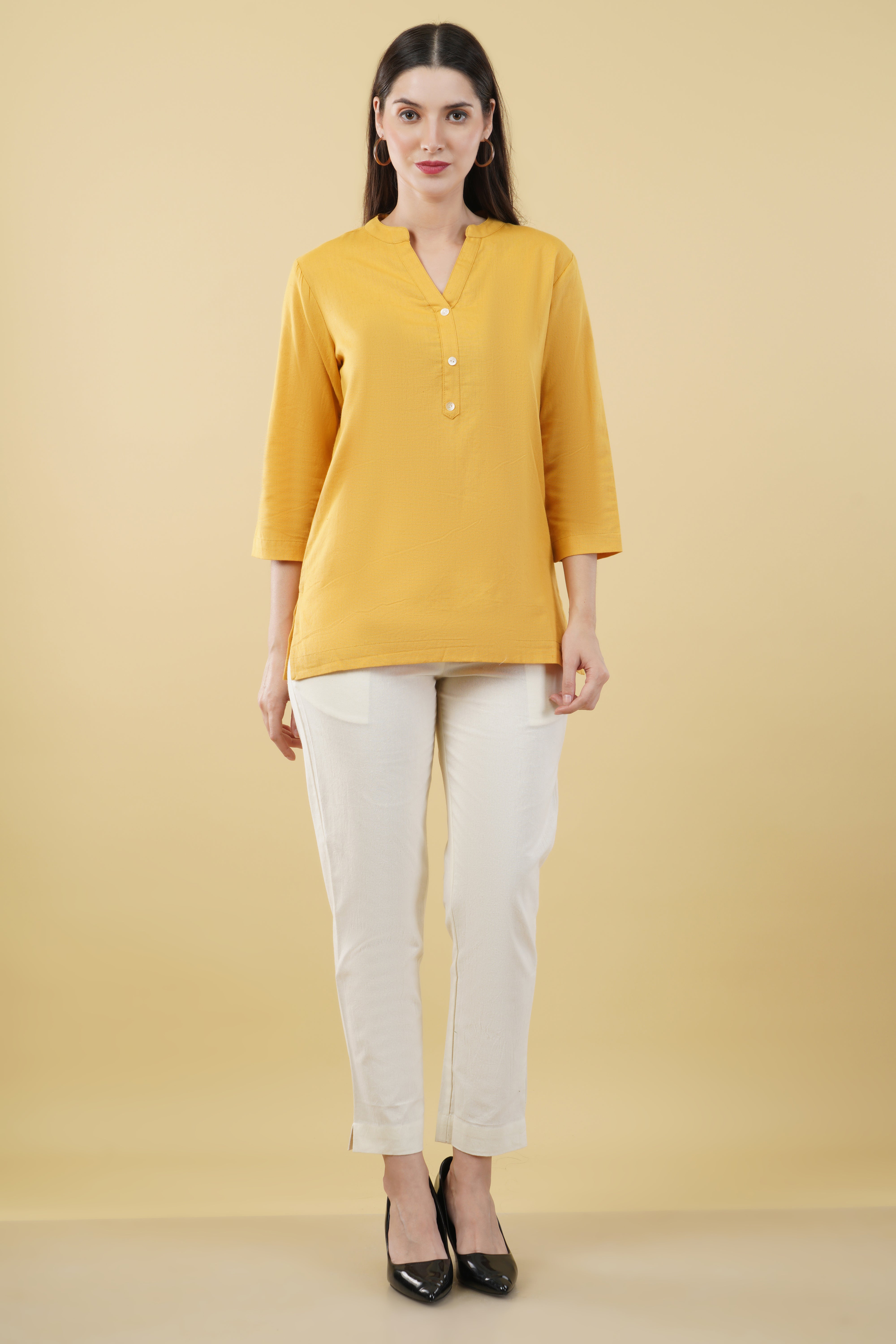 MUSTARD LINEN SHORT KURTA - SKYTICK
