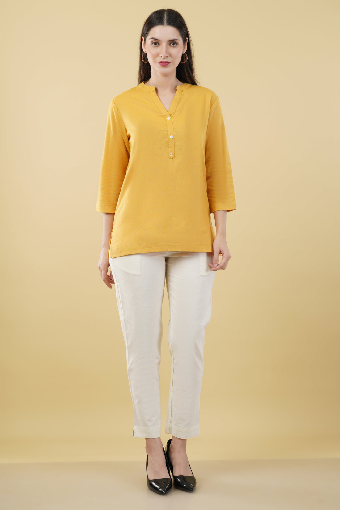 MUSTARD LINEN SHORT KURTA - SKYTICK