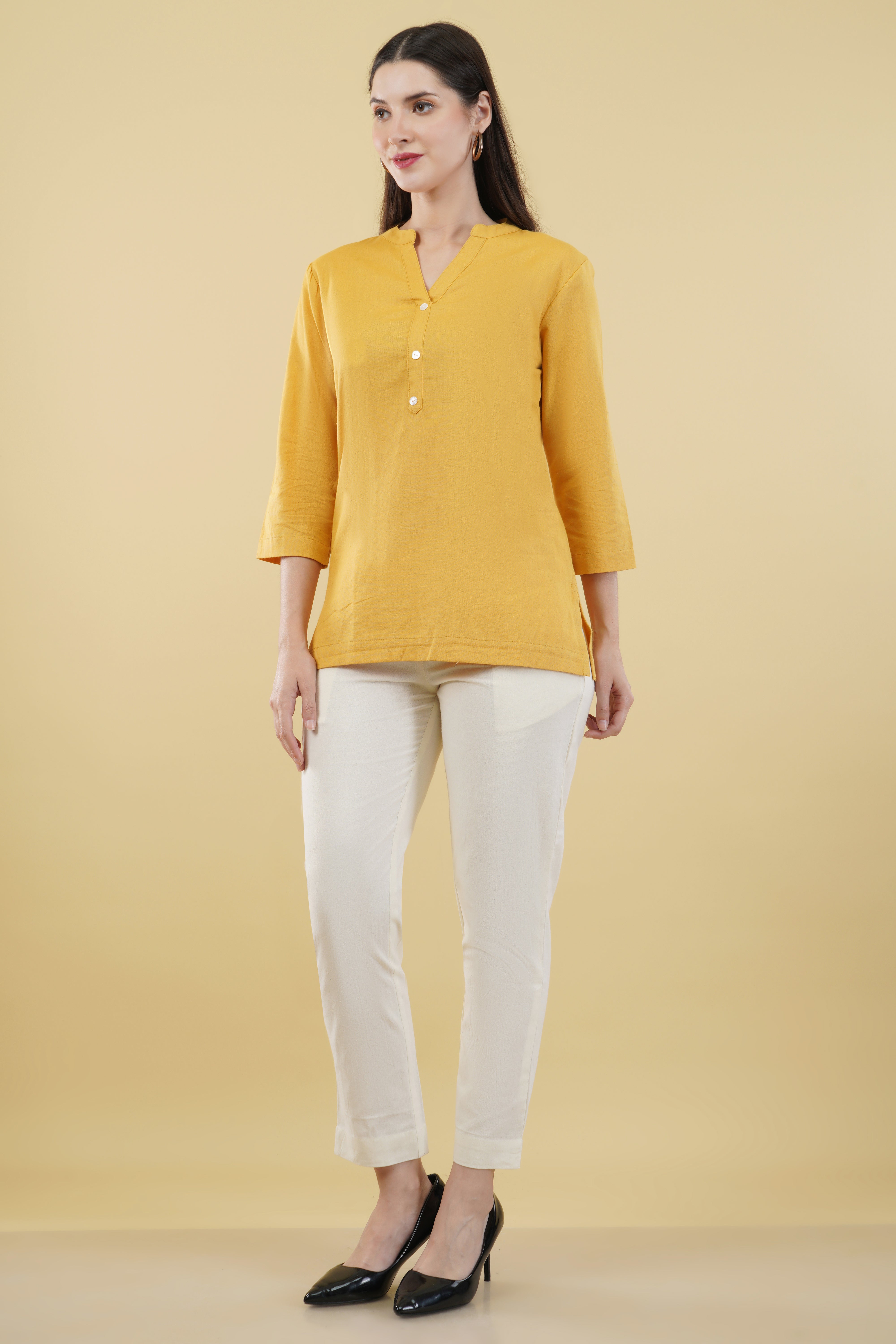 MUSTARD LINEN SHORT KURTA - SKYTICK