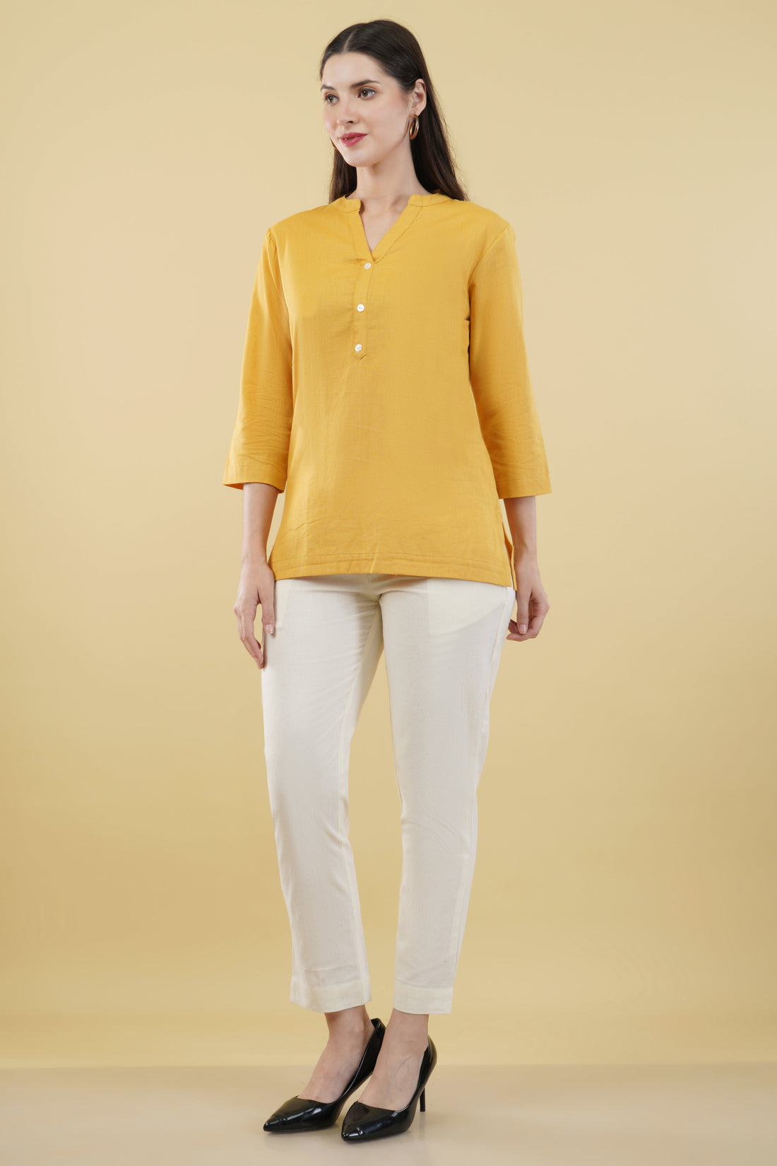 MUSTARD LINEN SHORT KURTA - SKYTICK