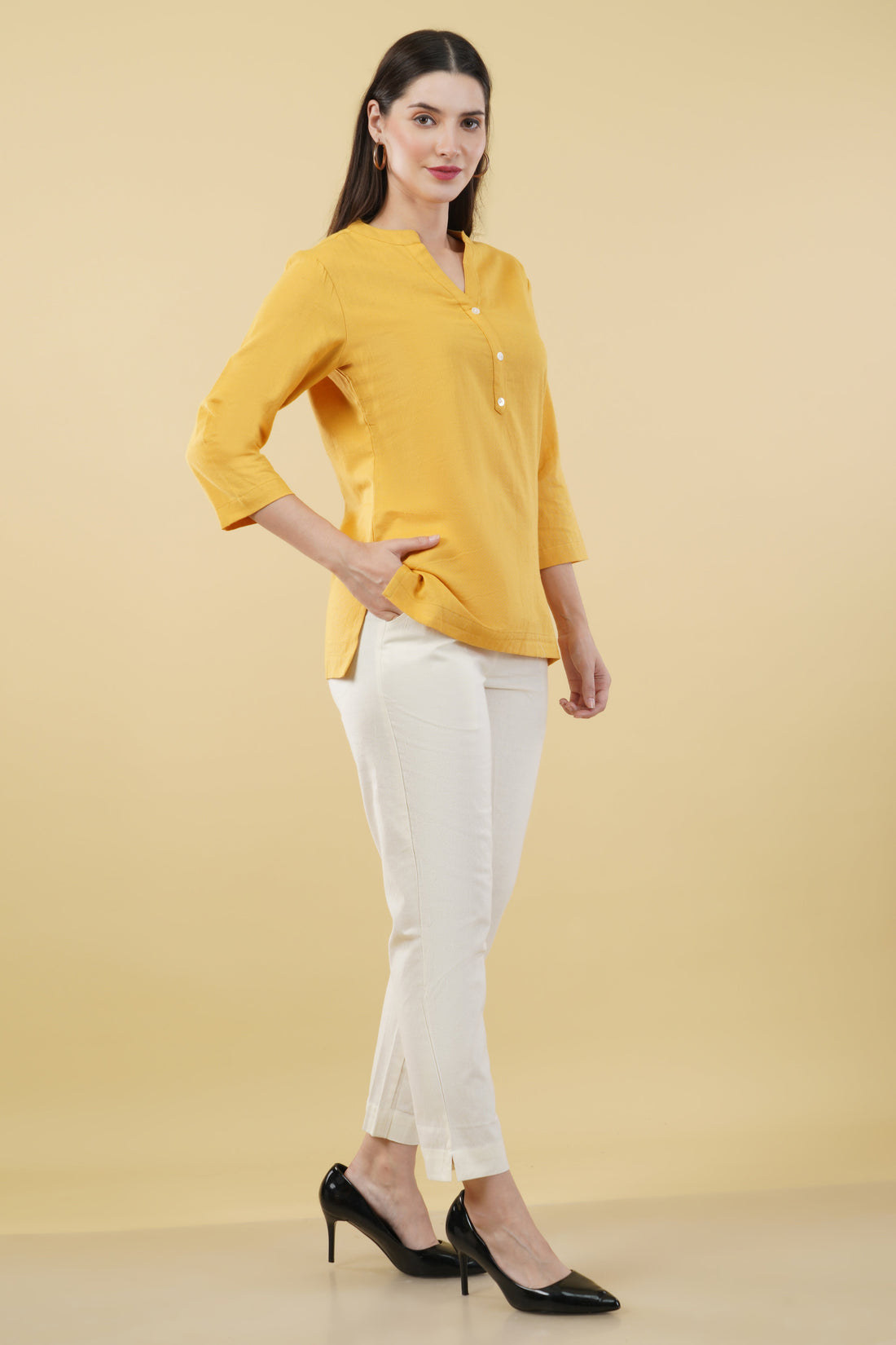 MUSTARD LINEN SHORT KURTA - SKYTICK