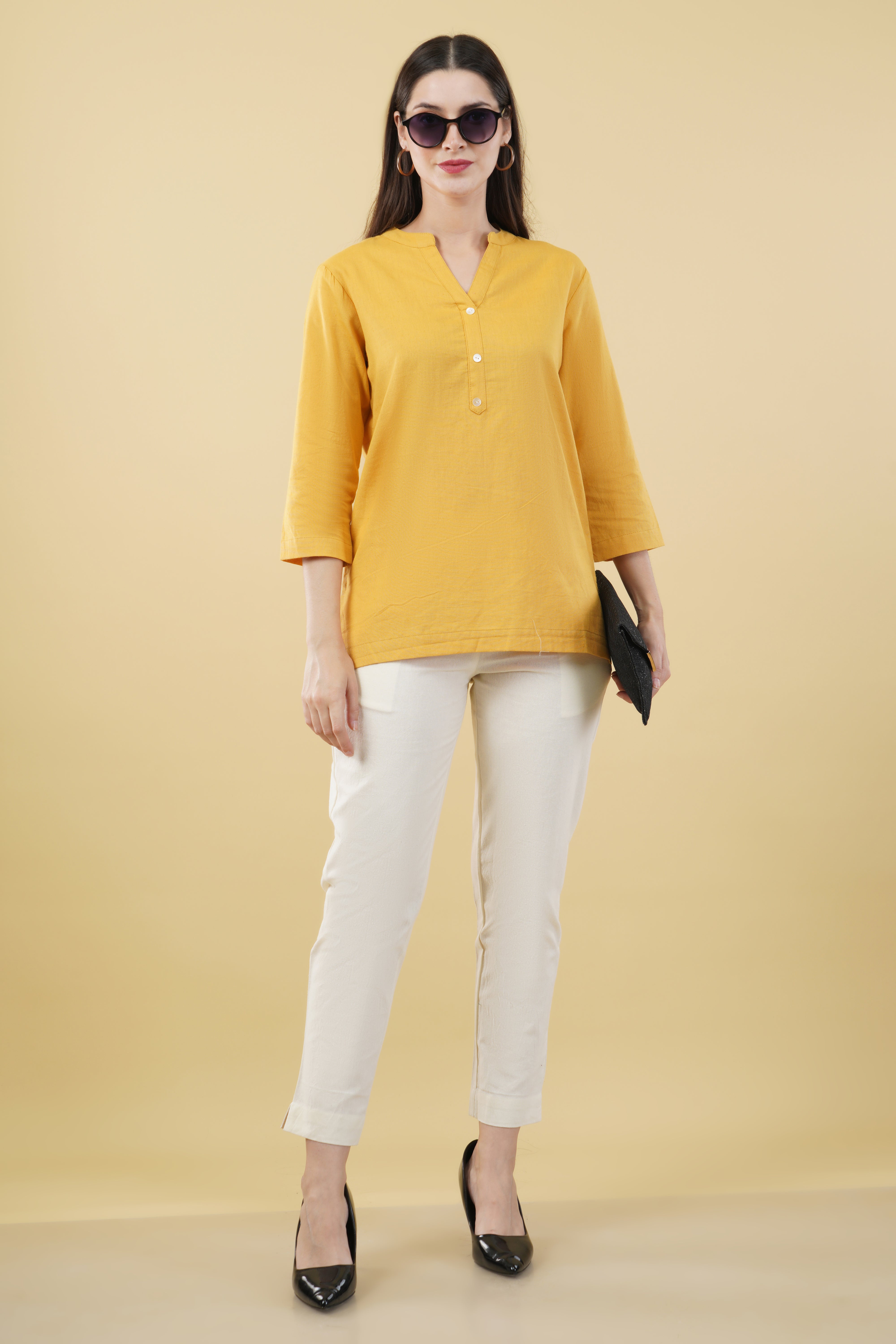 MUSTARD LINEN SHORT KURTA - SKYTICK