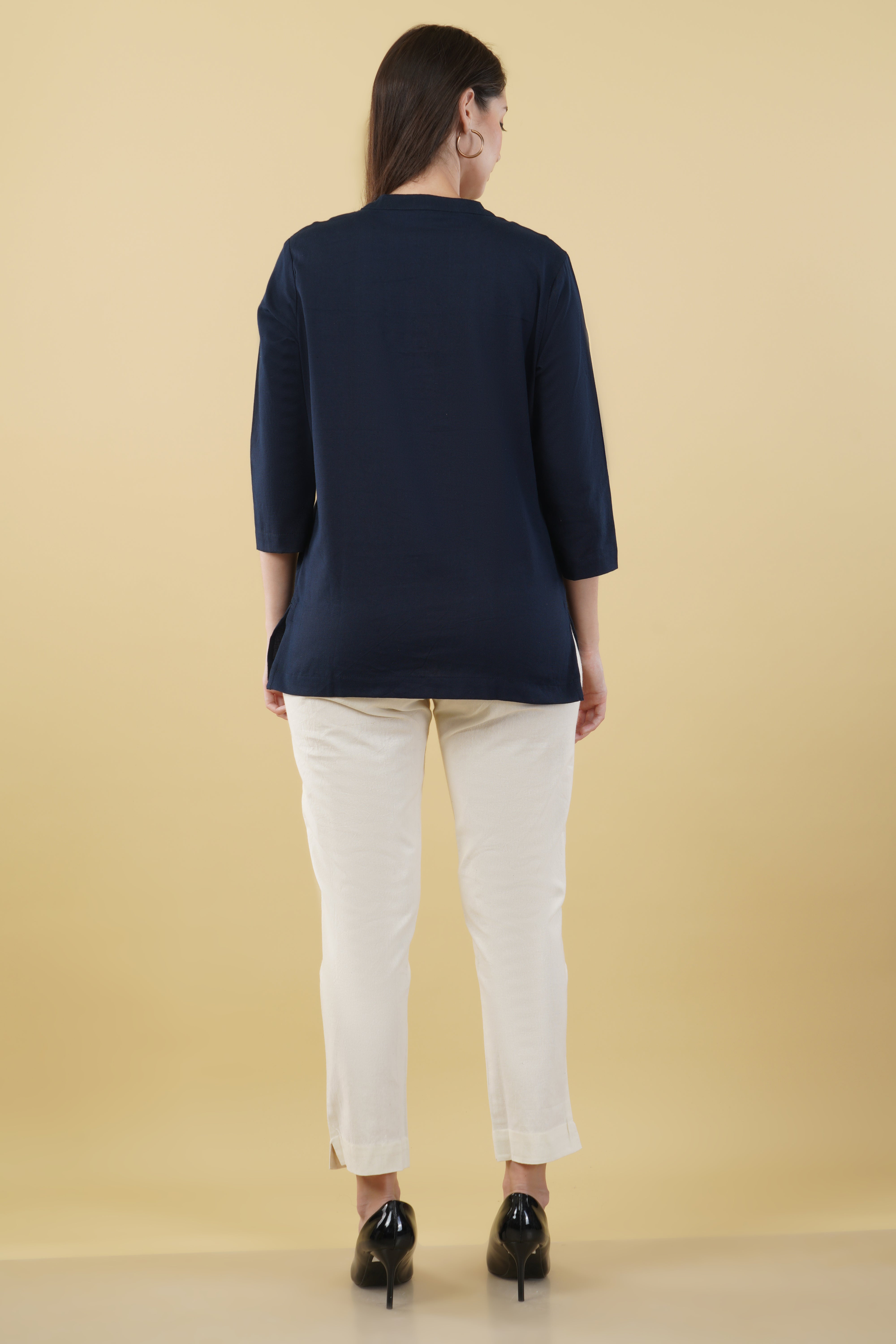 NAVY BLUE LINEN SHORT KURTA - SKYTICK