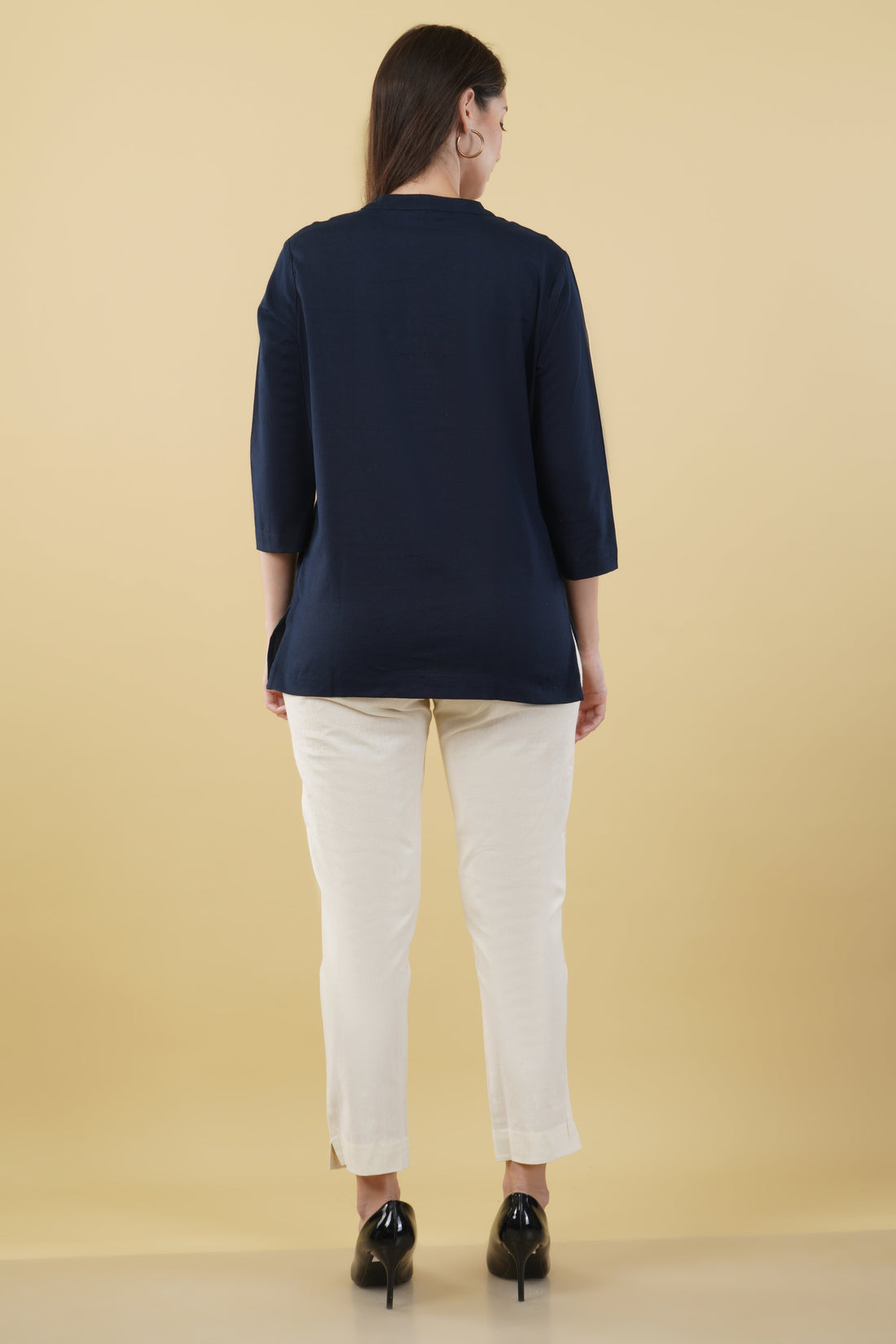 NAVY BLUE LINEN SHORT KURTA - SKYTICK