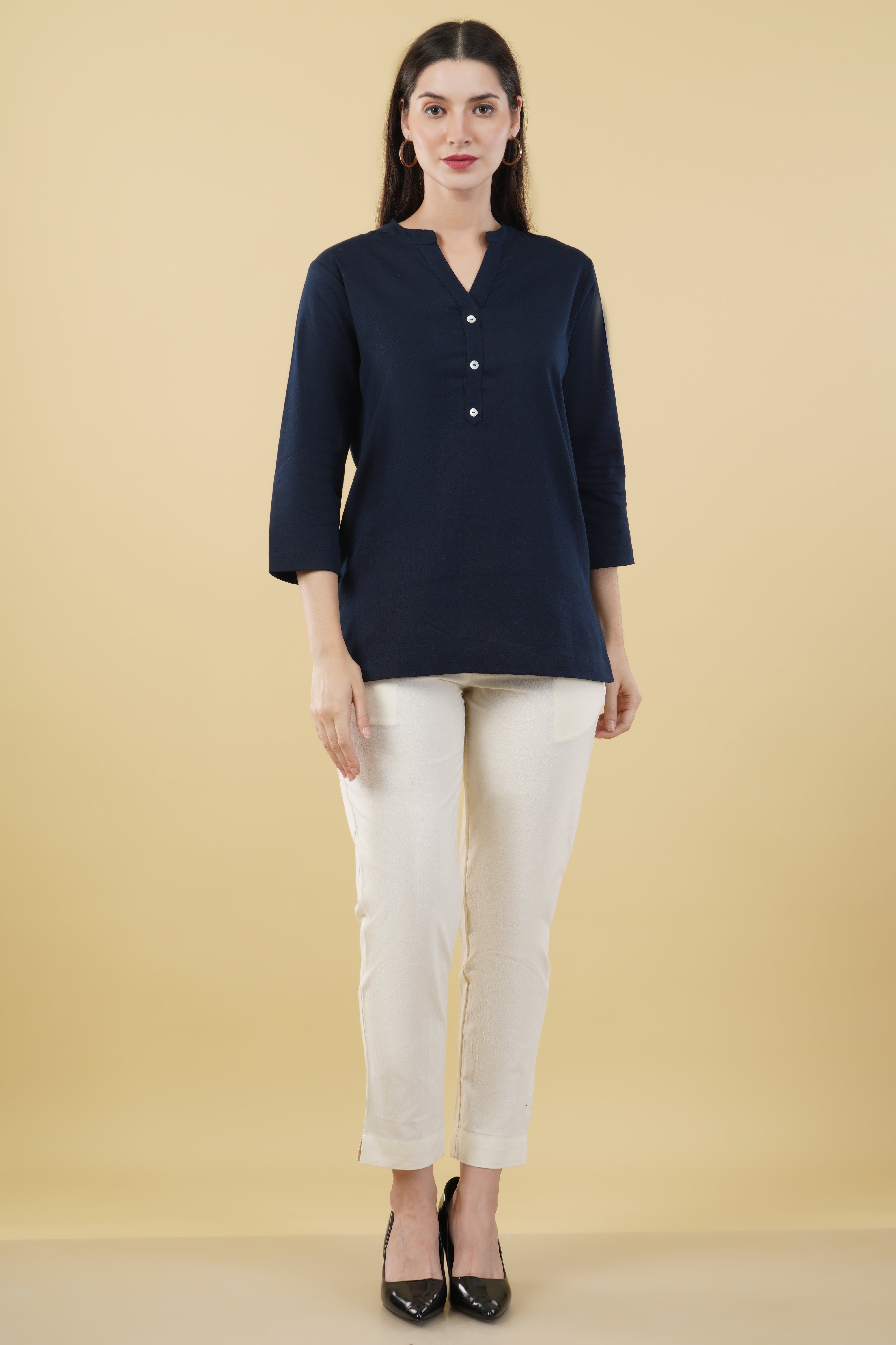 NAVY BLUE LINEN SHORT KURTA - SKYTICK
