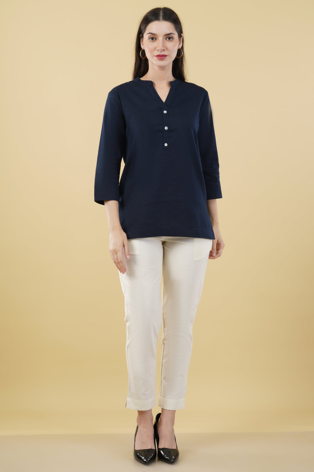 NAVY BLUE LINEN SHORT KURTA - SKYTICK