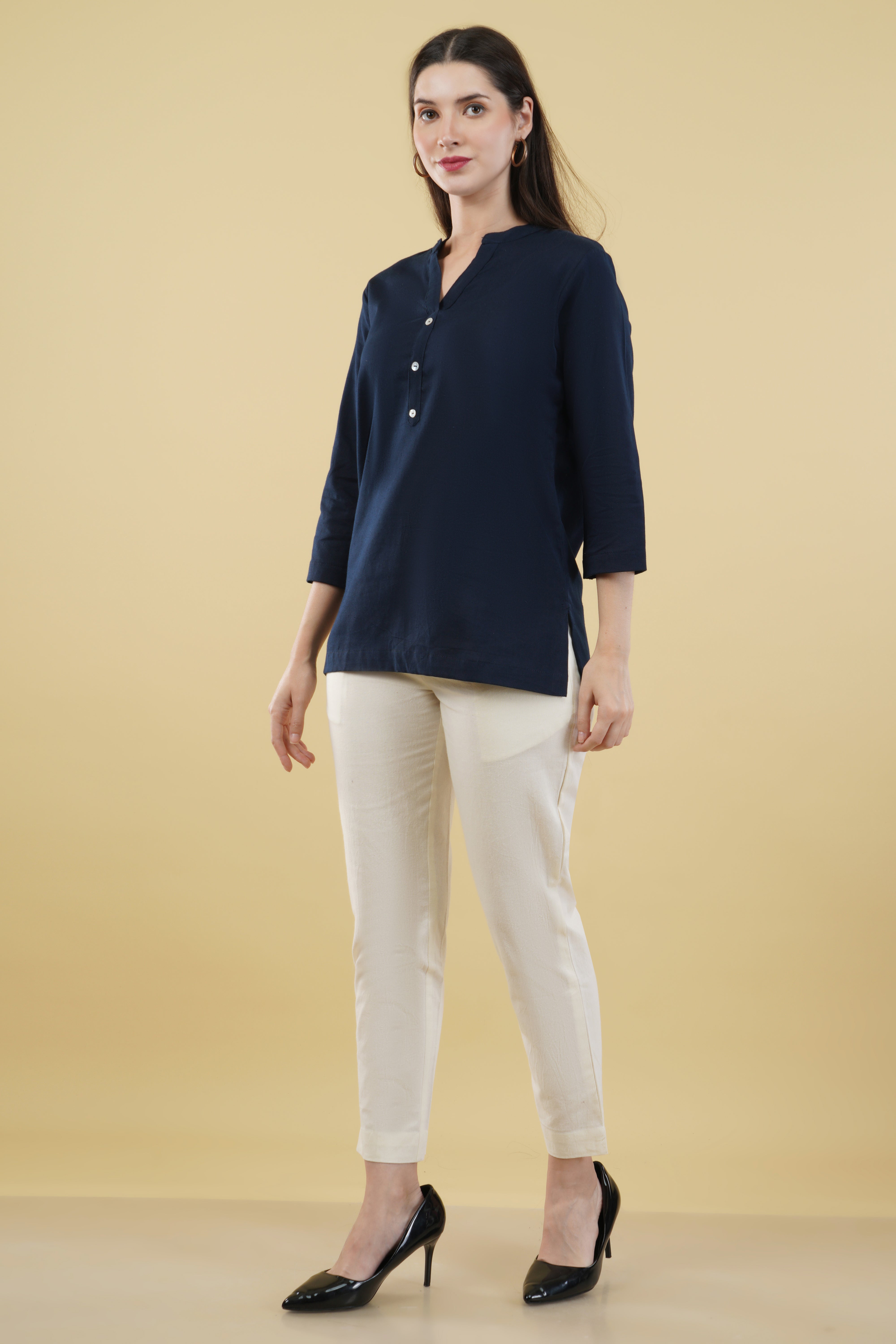 NAVY BLUE LINEN SHORT KURTA - SKYTICK