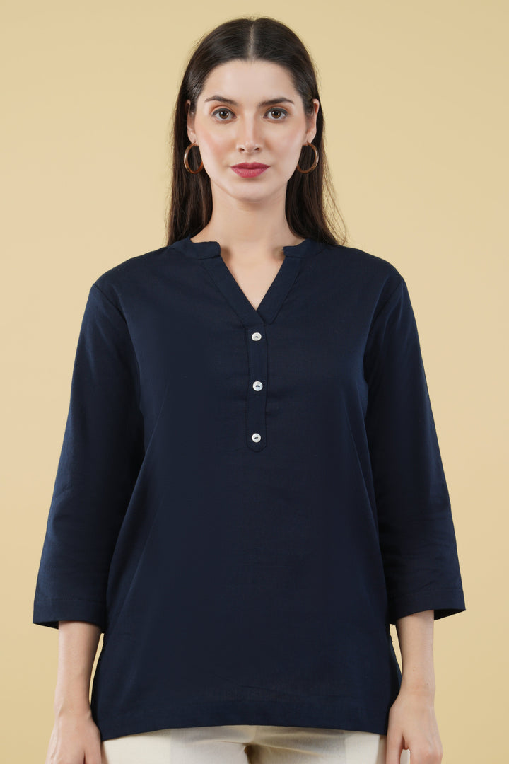 NAVY BLUE LINEN SHORT KURTA - SKYTICK