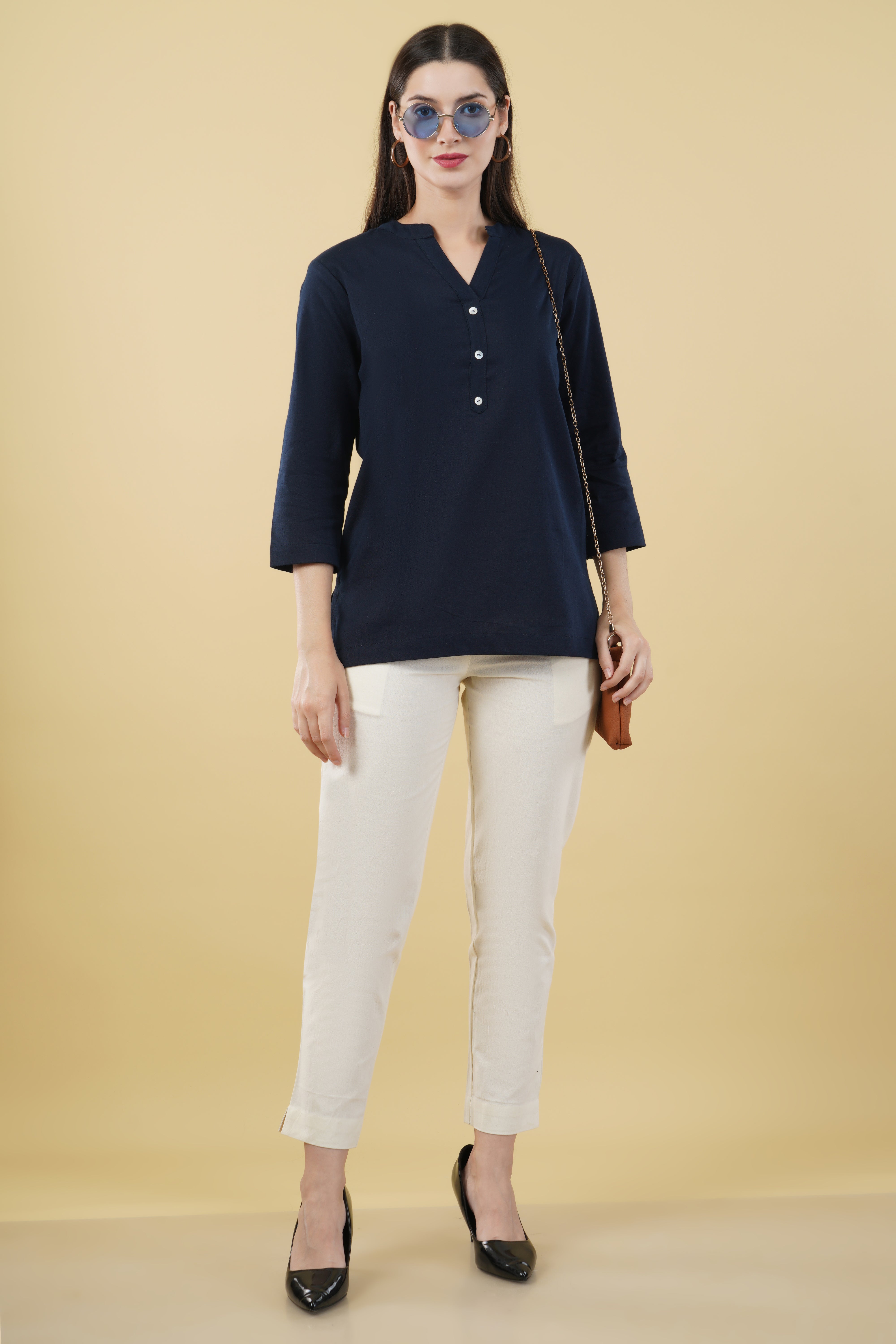 NAVY BLUE LINEN SHORT KURTA - SKYTICK