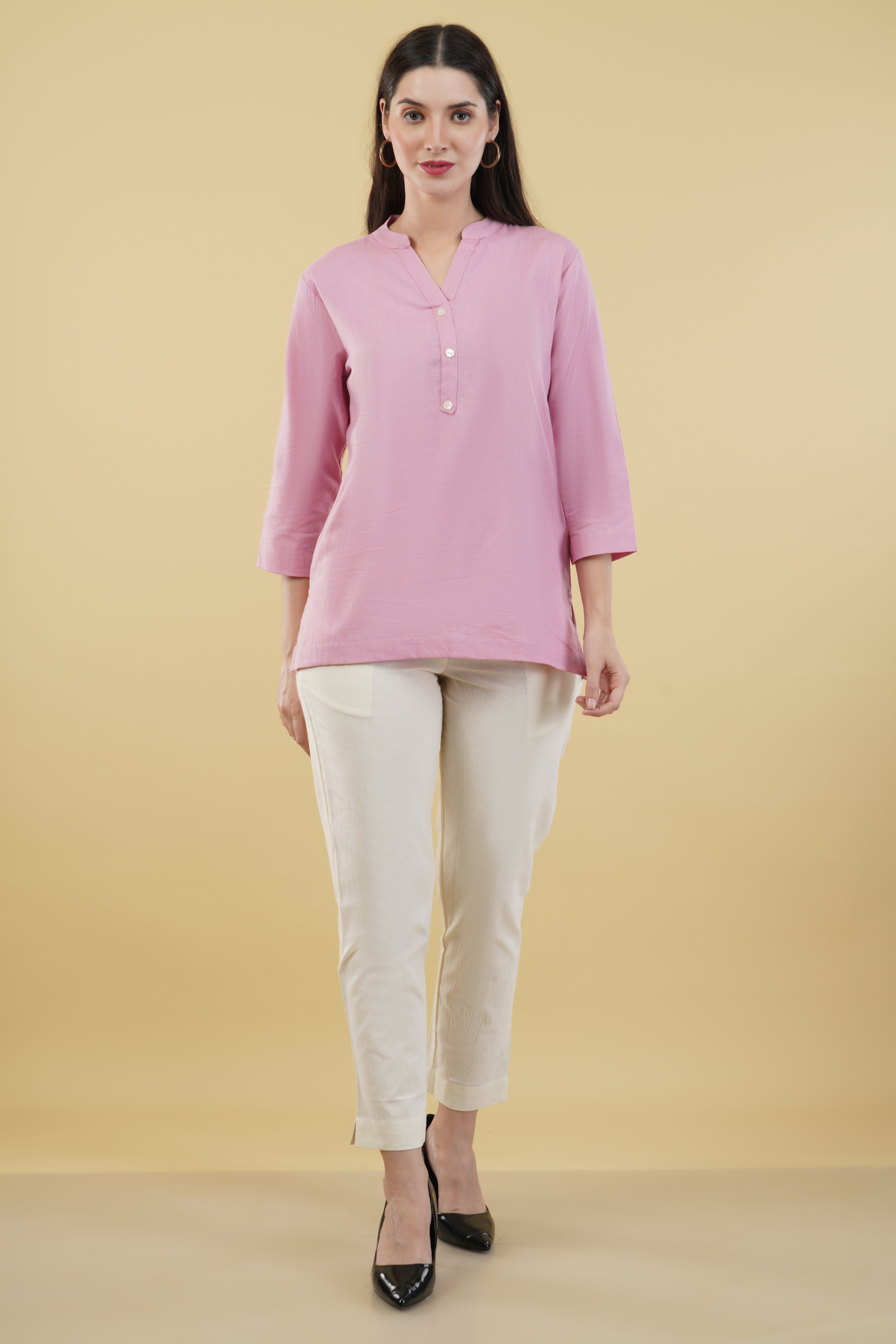 PINK LINEN SHORT KURTA - SKYTICK
