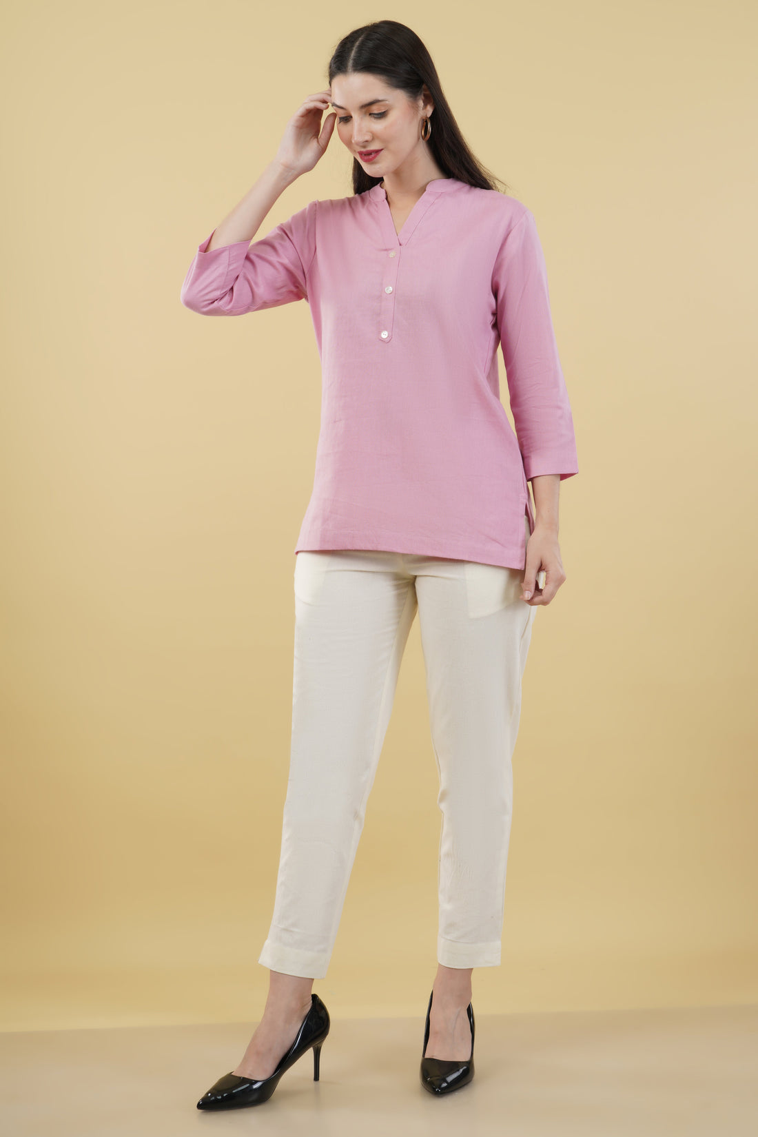 PINK LINEN SHORT KURTA - SKYTICK