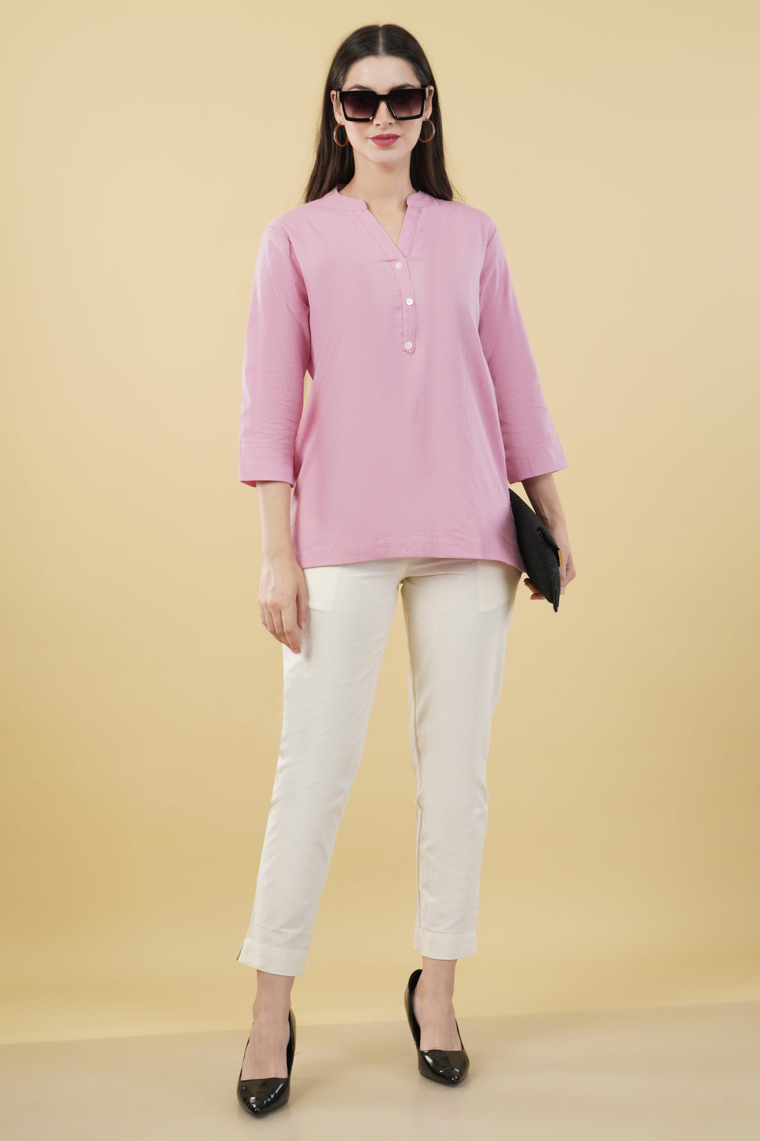 PINK LINEN SHORT KURTA - SKYTICK