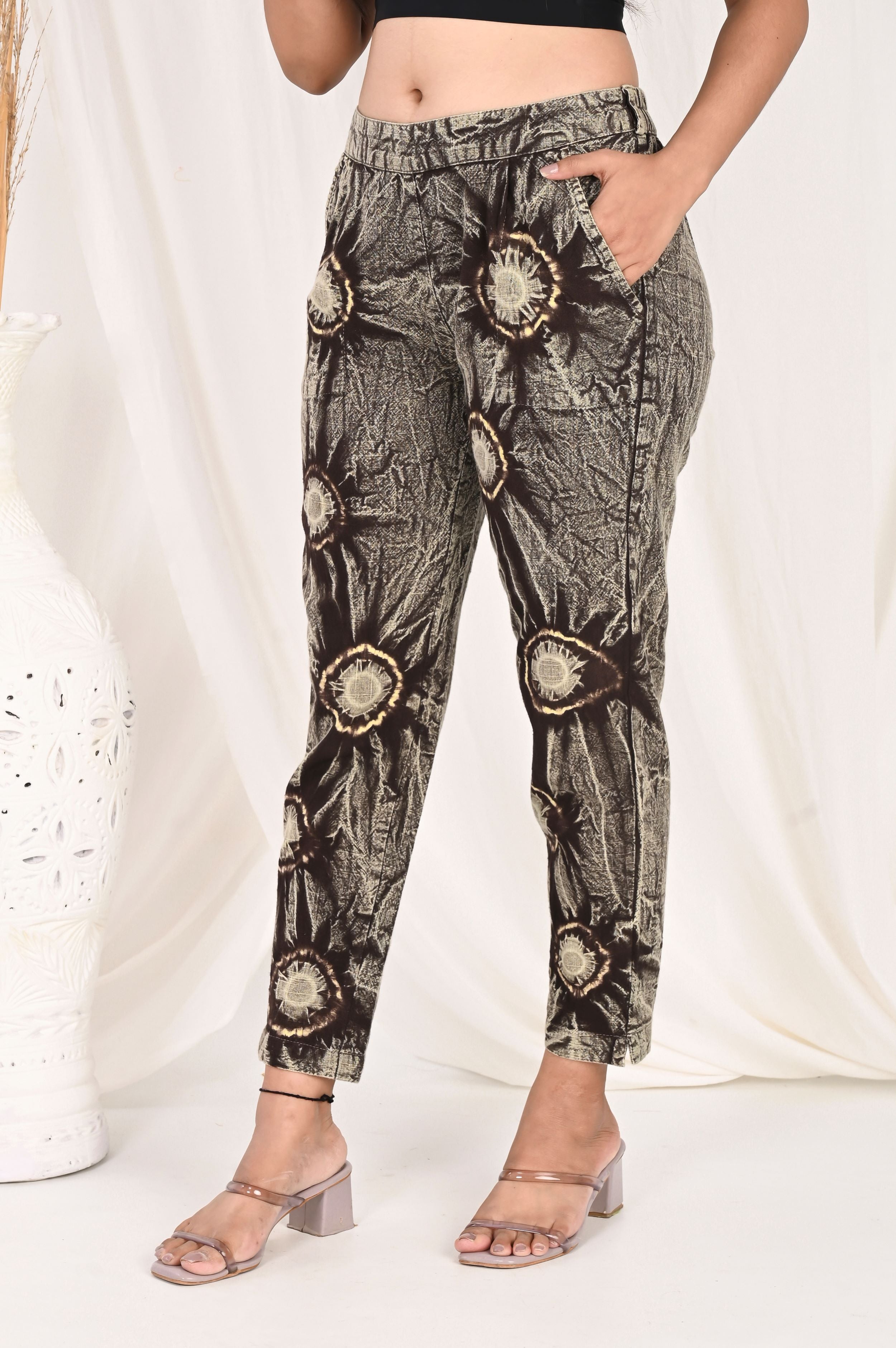 COFFEE BROWN BANDHEJ COTTON PANTS - SKYTICK