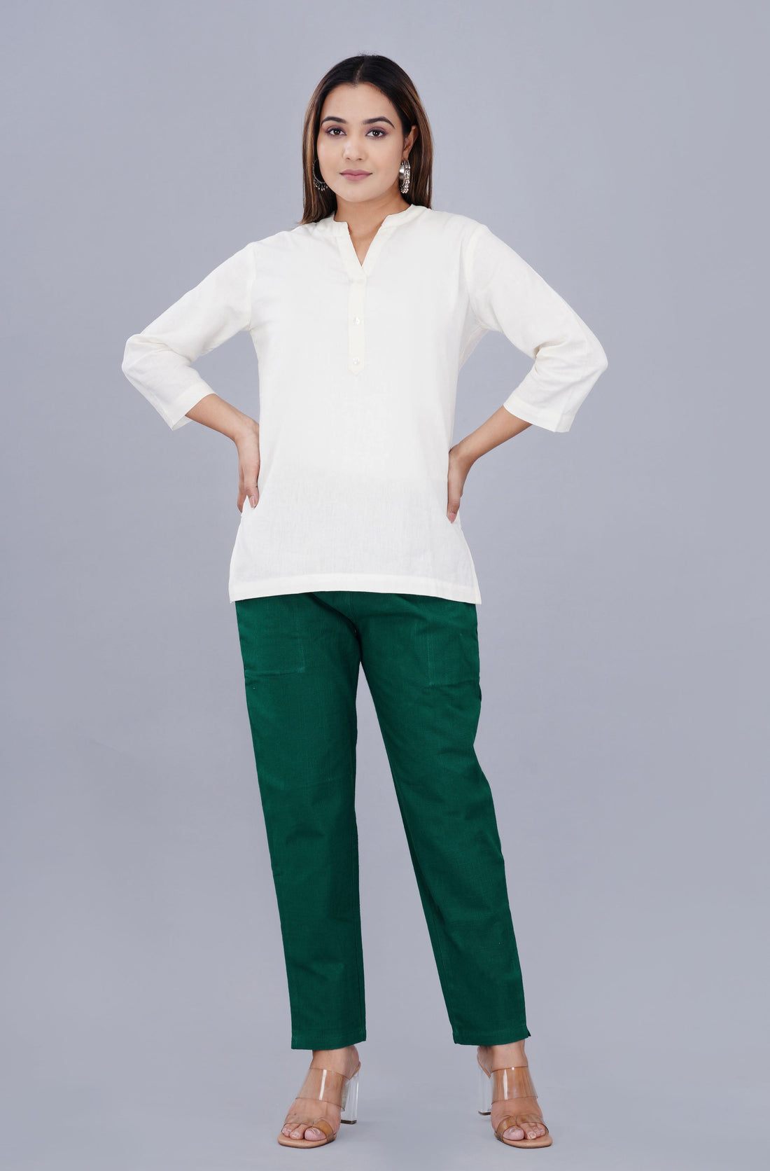 NATURAL WHITE LINEN SHORT KURTA - SKYTICK