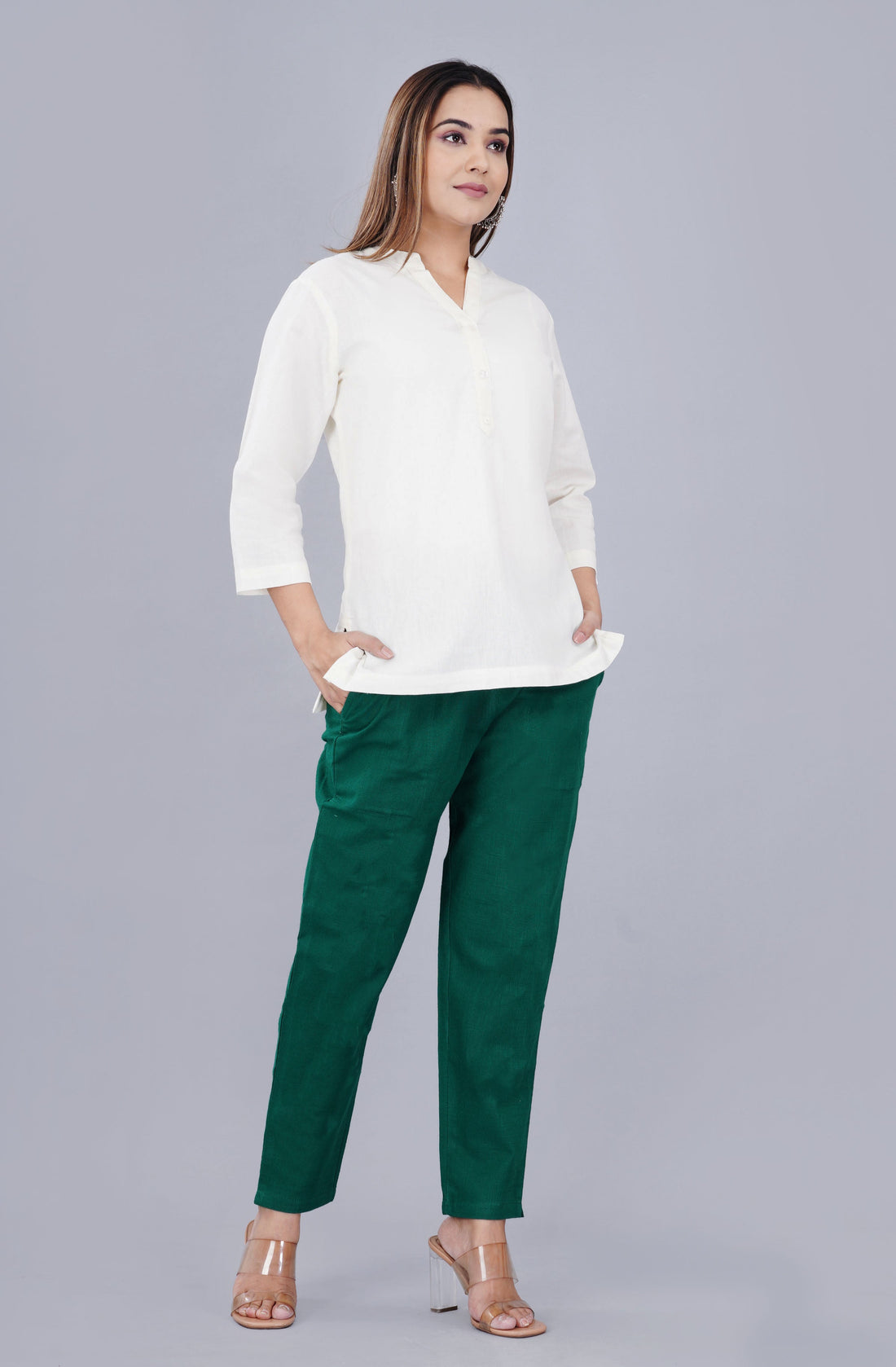 NATURAL WHITE LINEN SHORT KURTA - SKYTICK
