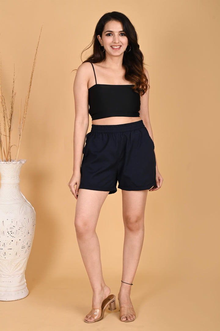 NAVY BLUE LINEN SHORTS - SKYTICK