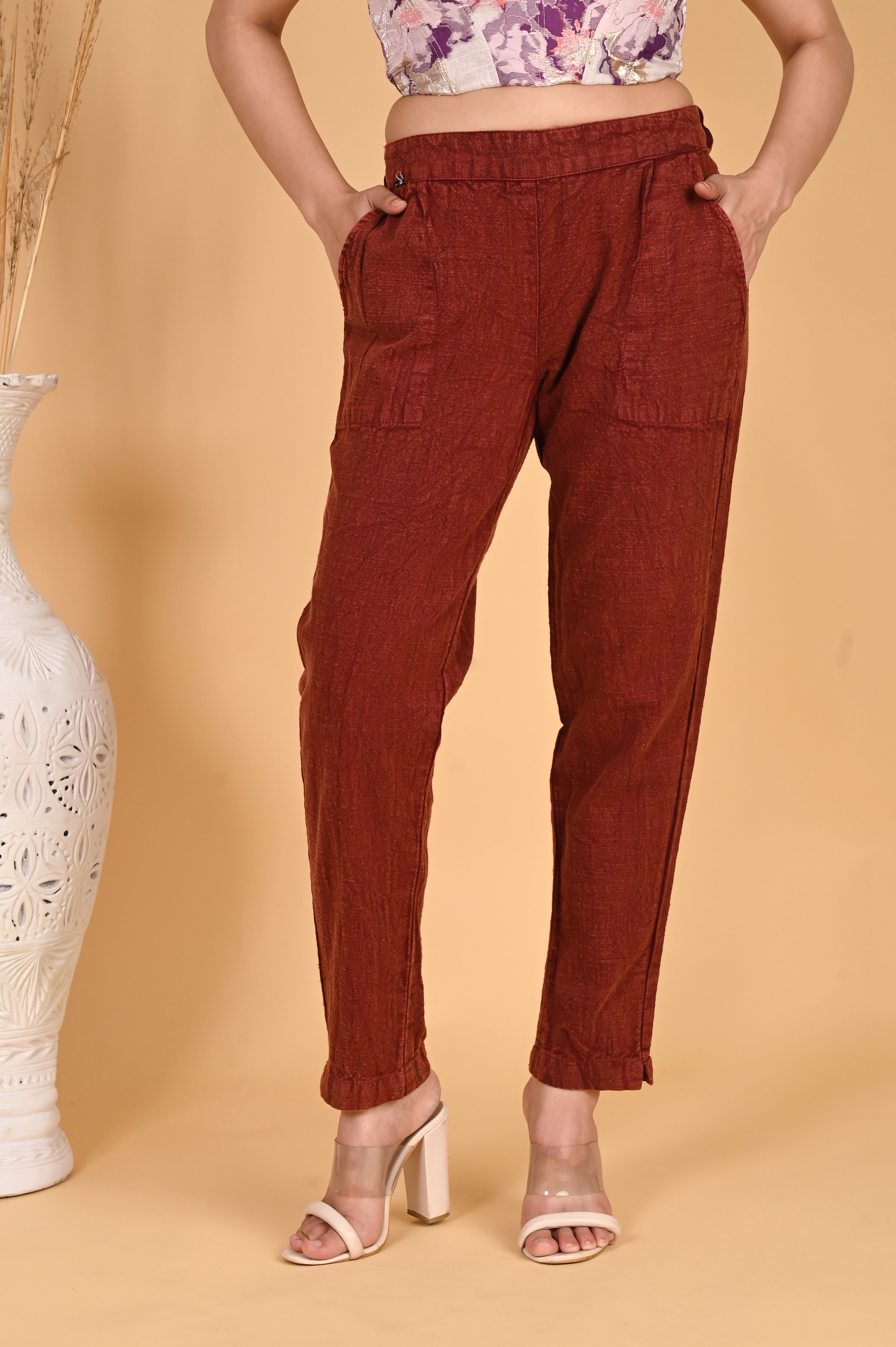 MAROON DENIM COTTON PANTS - SKYTICK